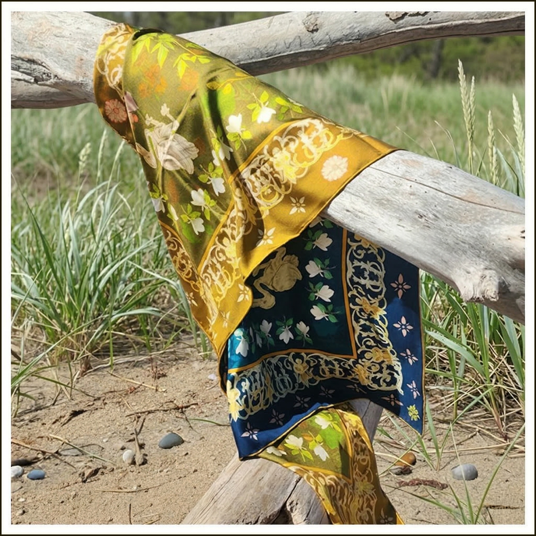 double sided scarf, silk, silk twill, gold, blue, floral