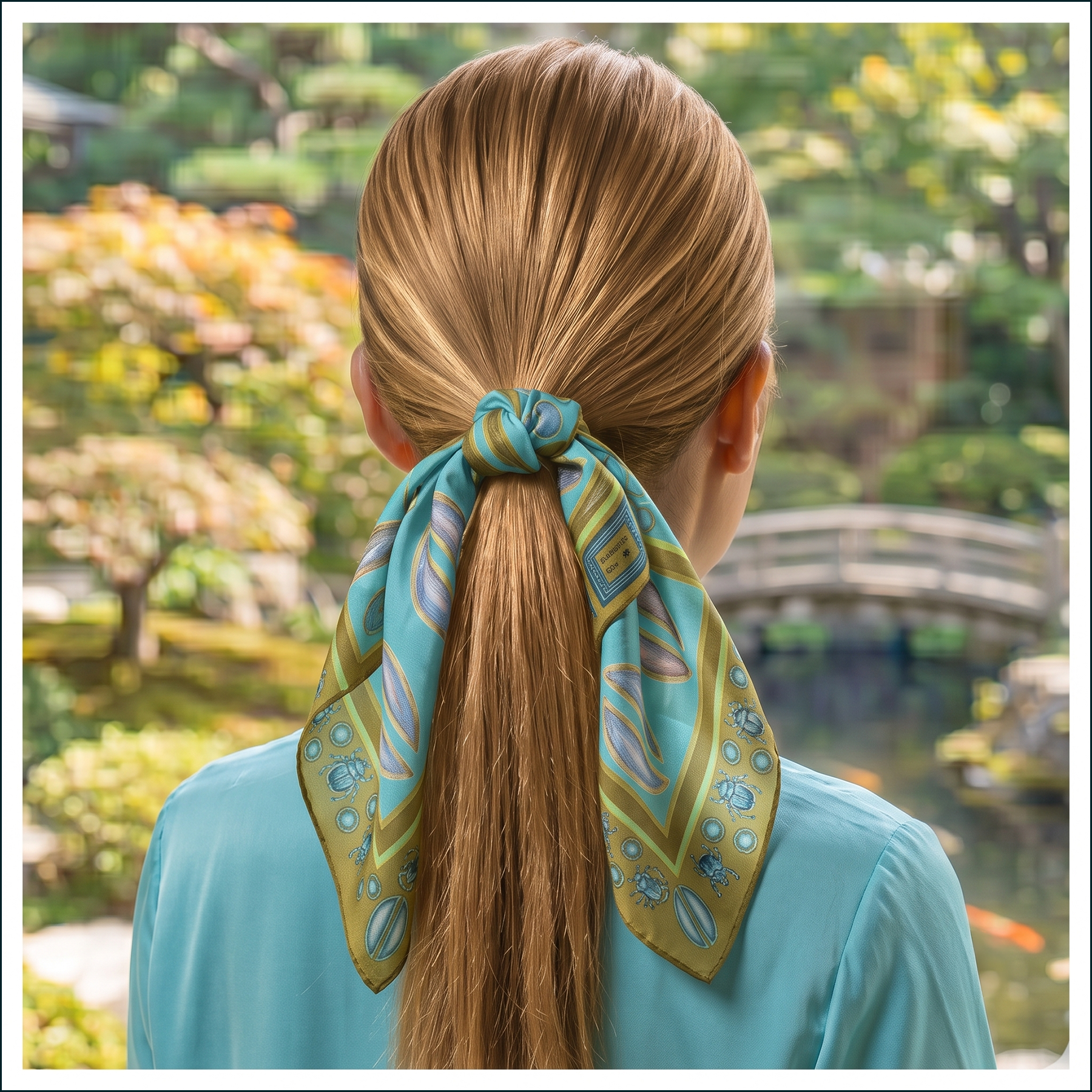 bandana, hair tie, pale blue, gold, teal, summer