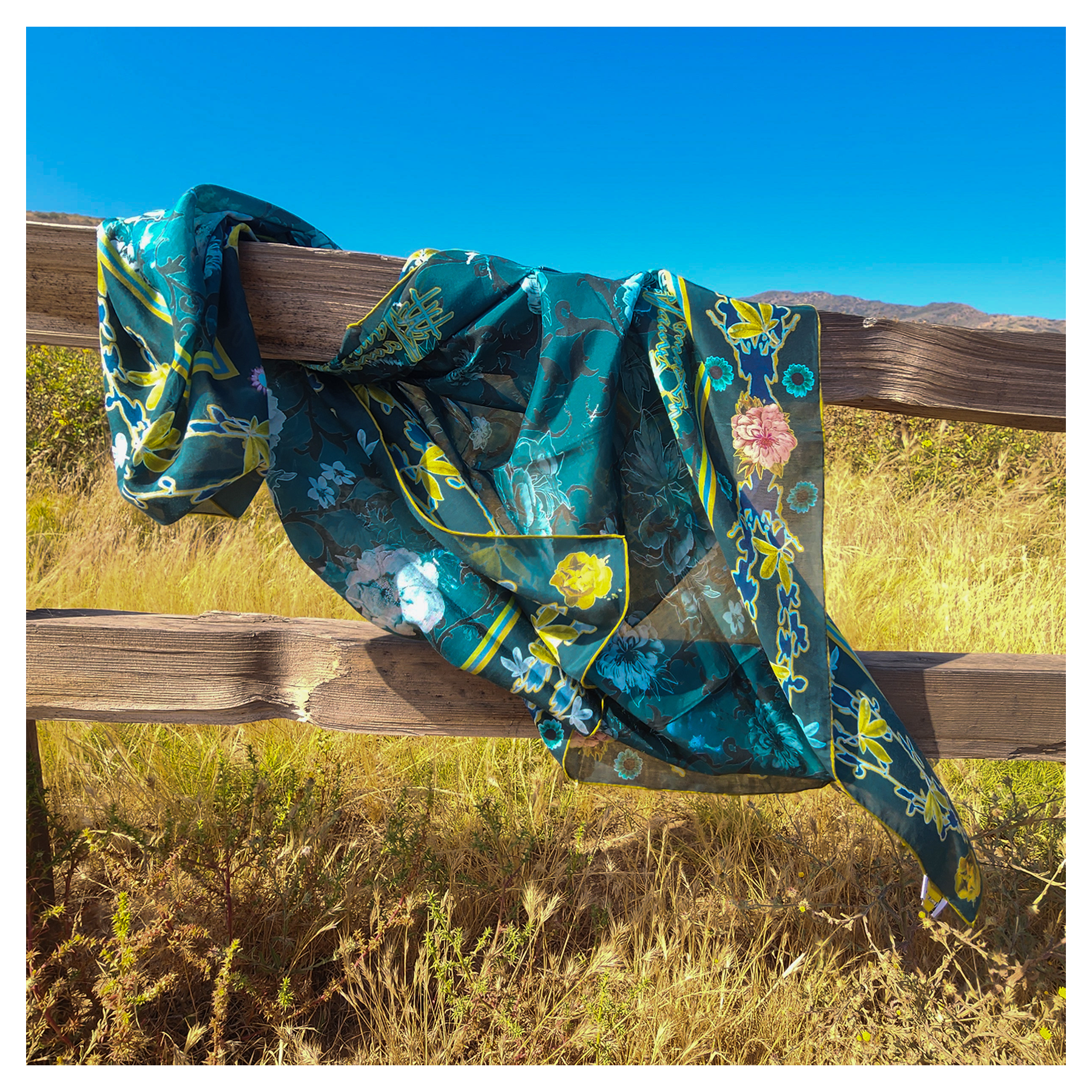 scarf, floral, blue, pink, gold.