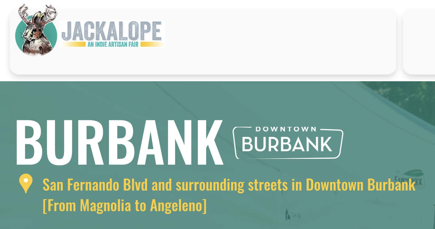 A promotional banner for the Jackalope Indie Artisan Fair featuring a cartoon jackalope and text about Burbank, California, including location details on San Fernando Blvd and surrounding streets from Magnolia to Angeleno.