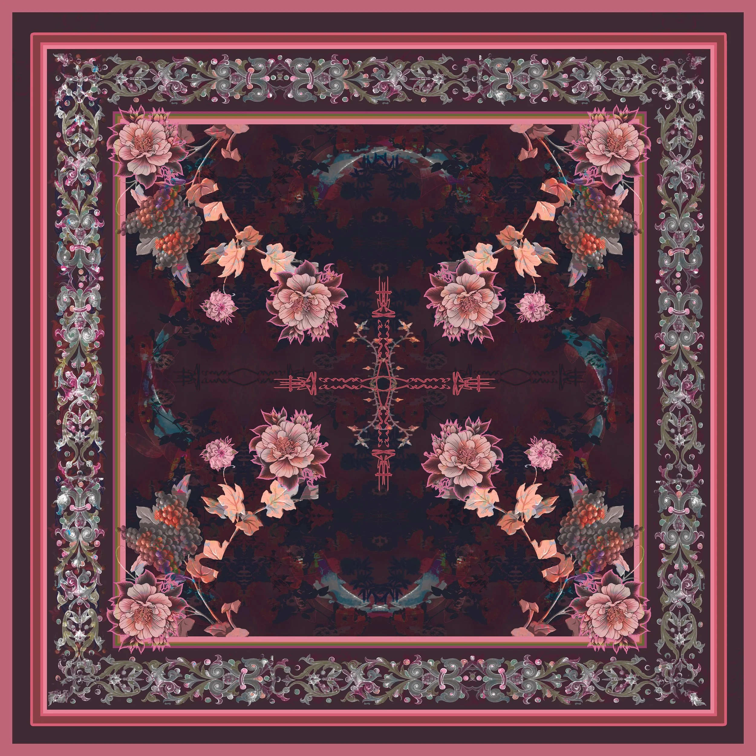 Floral Manuscript - Large Scarf - Ruby Red