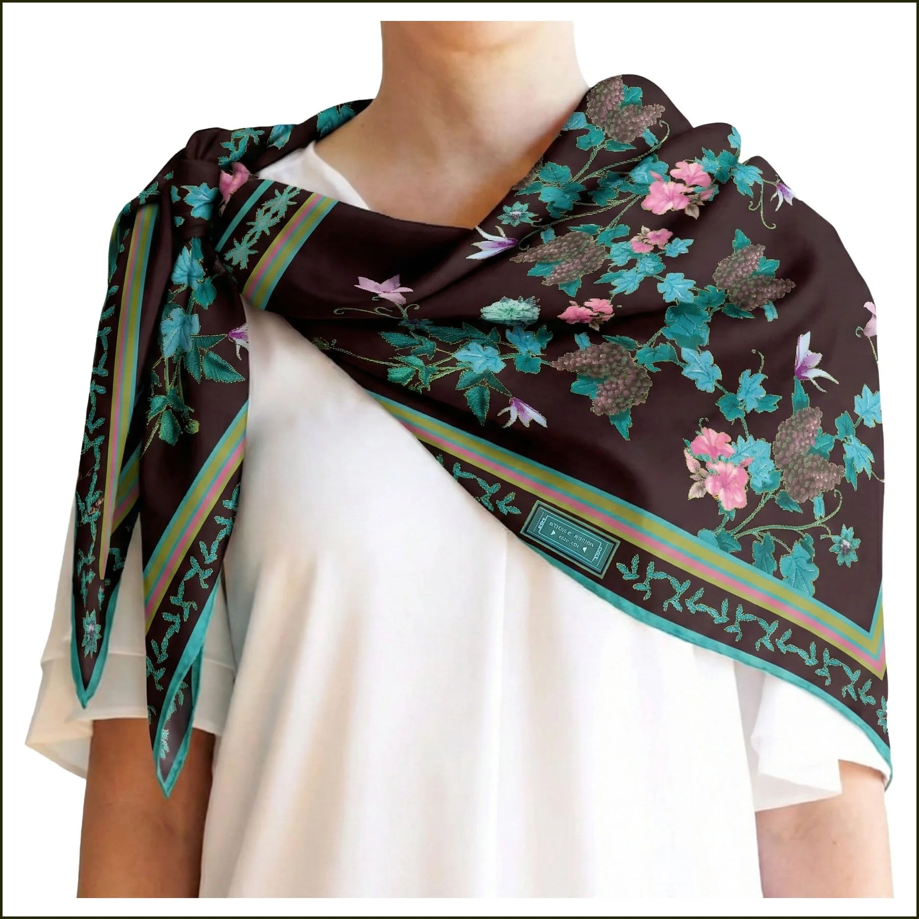 scarf, black, pink, floral, large size.