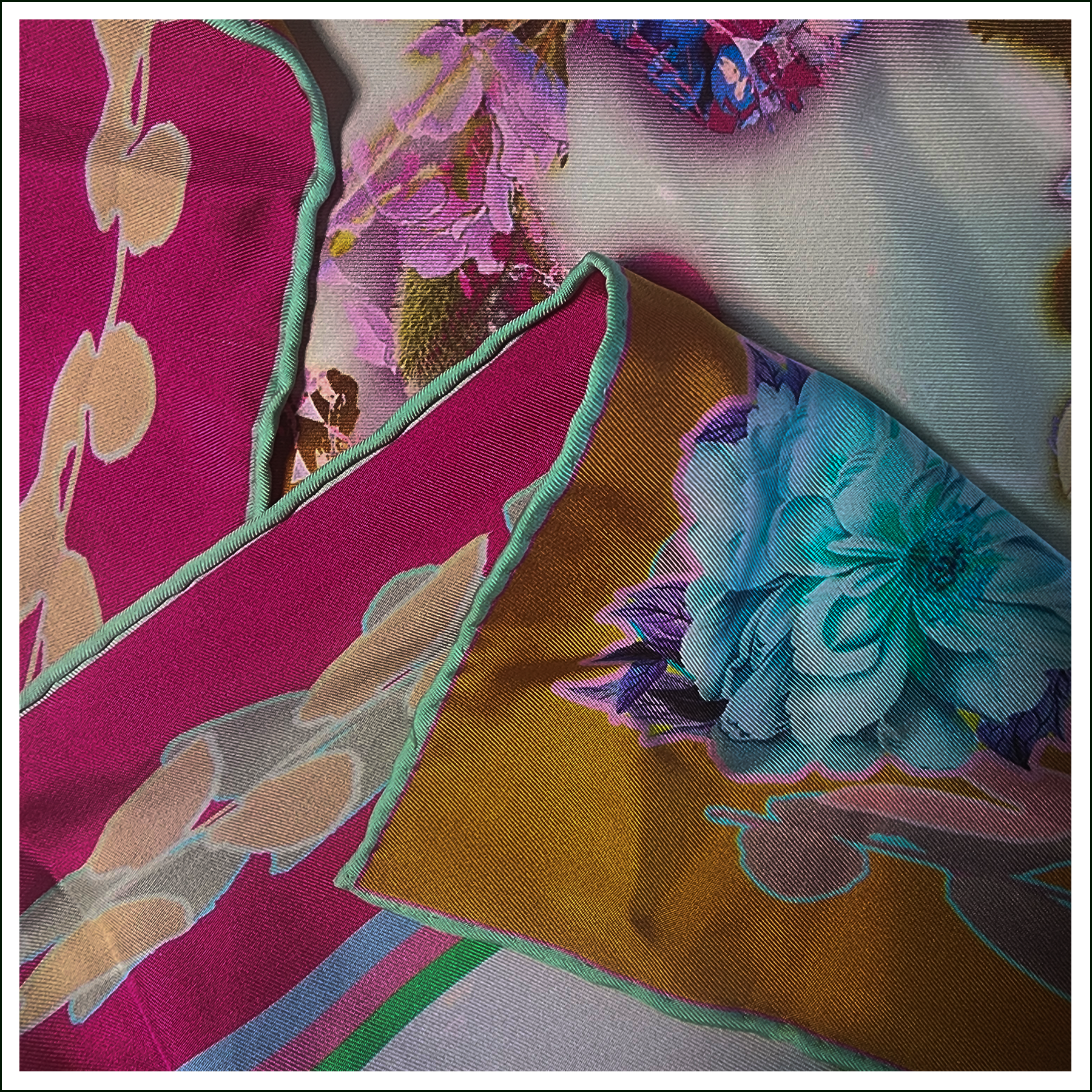 double sided, large size silk-twill scarf. florals, gold, rose, pinks, reds, blue, off white. hand rolled hems.