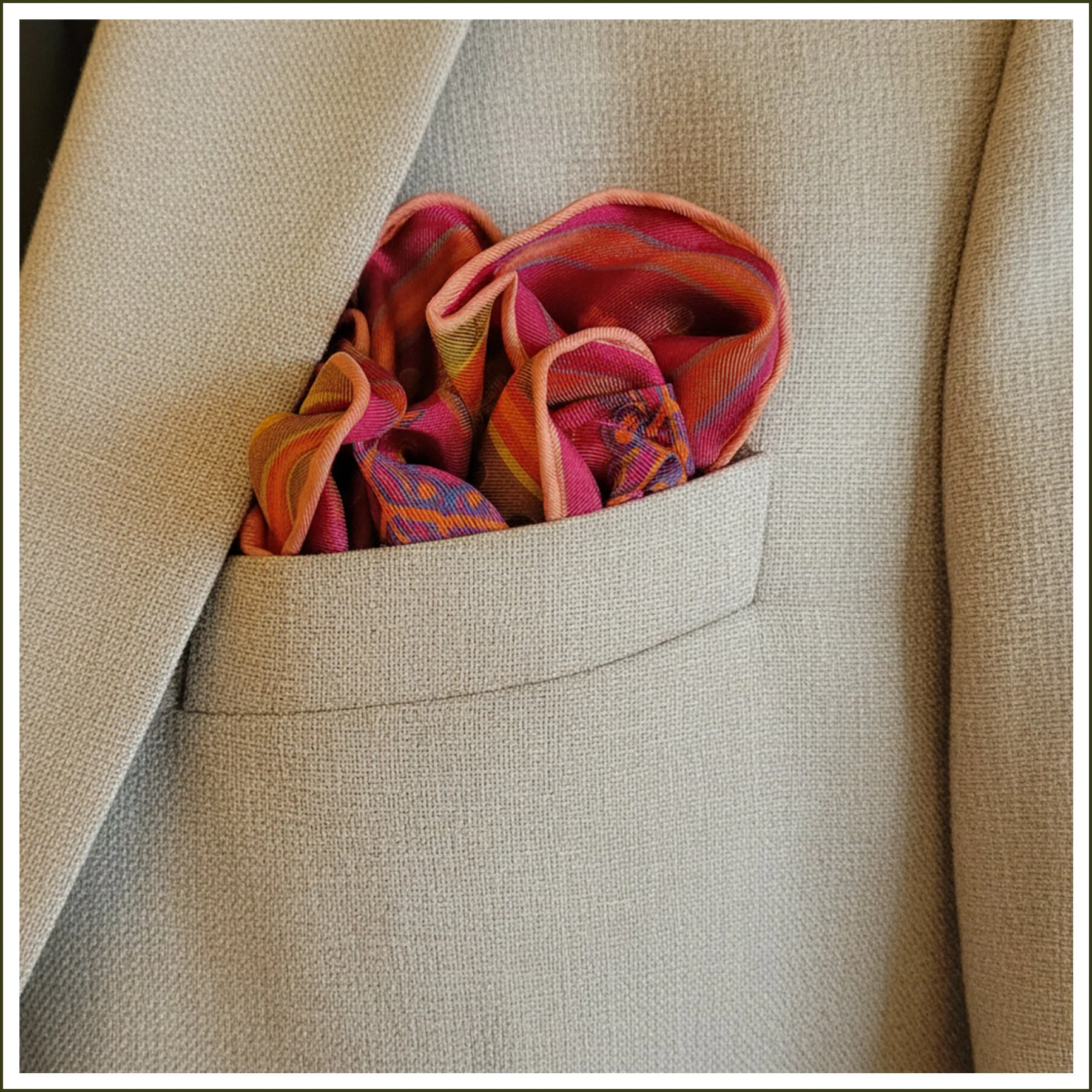pocket square, orange, red, gold, double sided, hand rolled hems, silk twill, neck wrap.