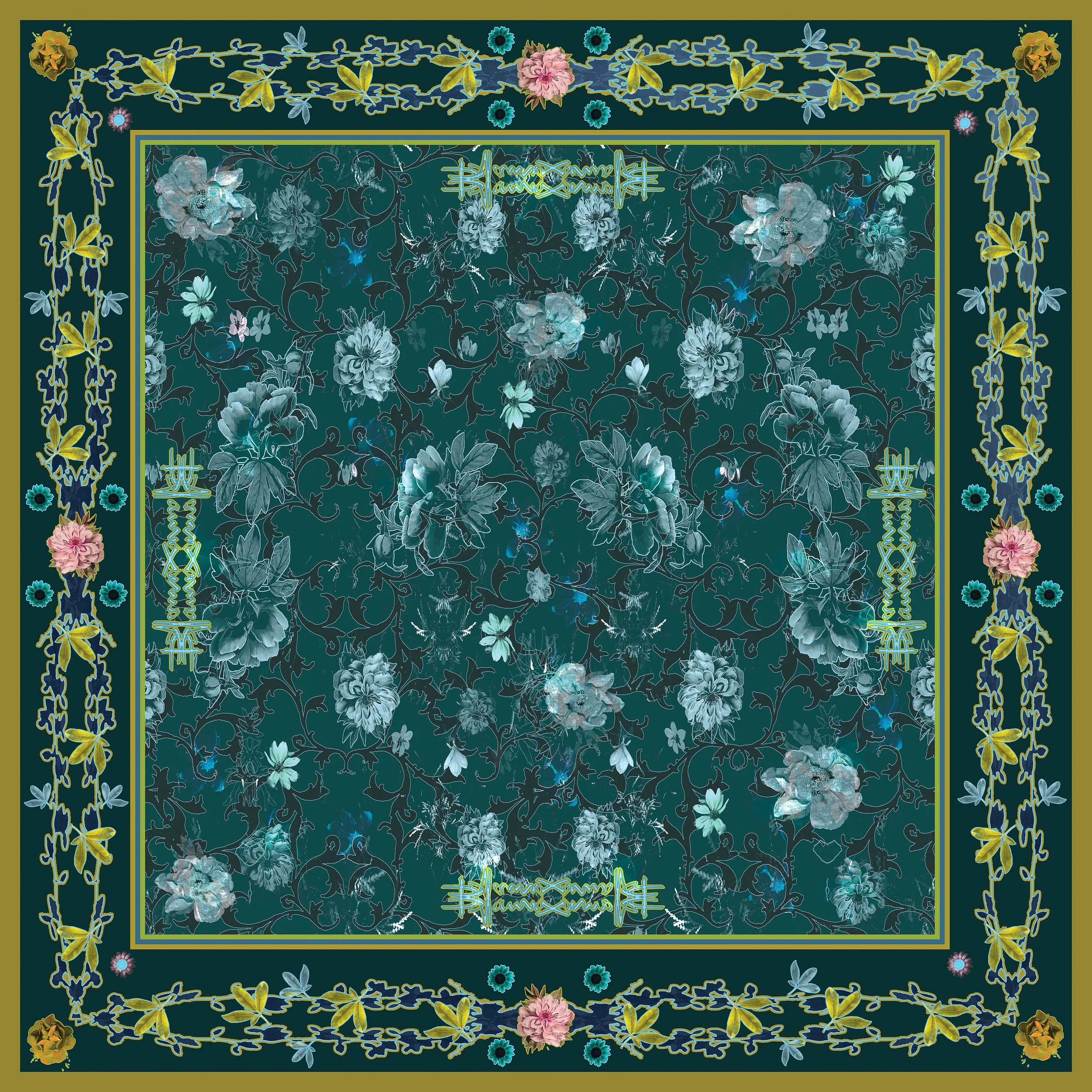 Floral Manuscript - Large Scarf - Peacock Blue-Pink-gold