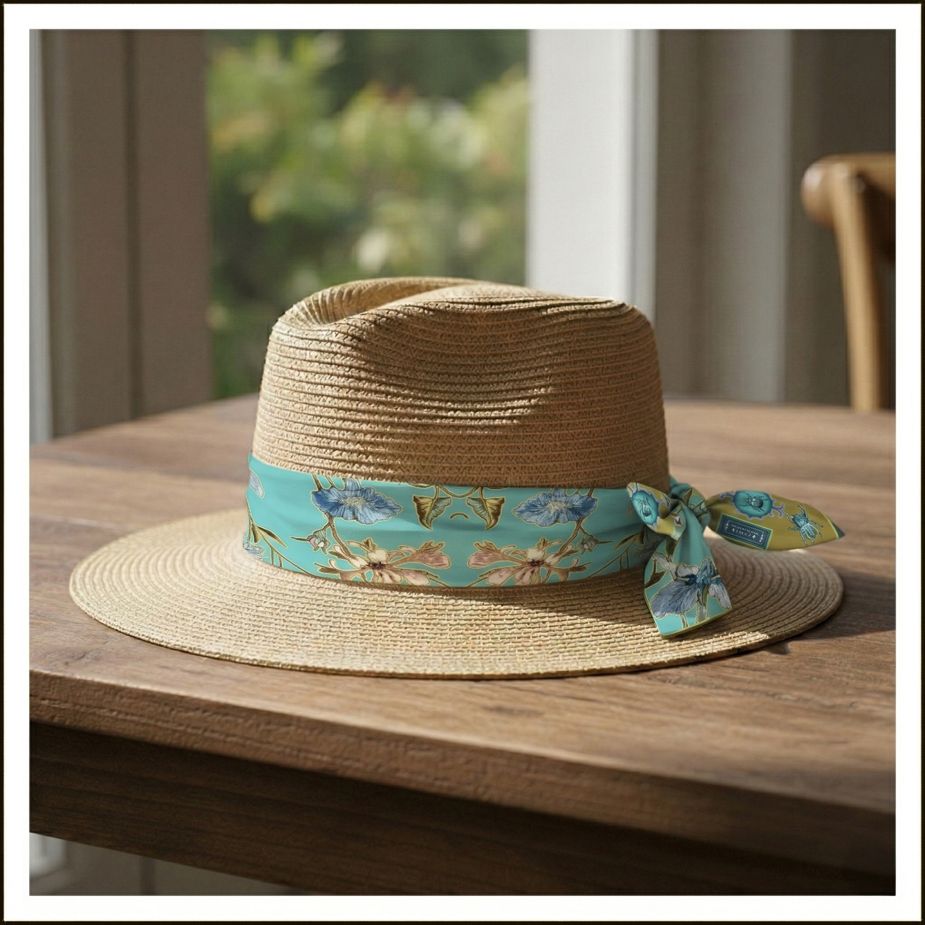 bandana, accessory, hatwrap, pale blue, floral, gold, wrist wrap, scarf for bags.