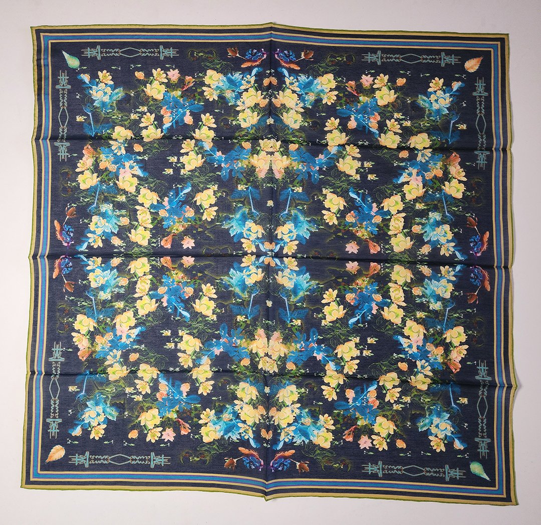 BANDANA-FLORAL WREATHE - BLUES - LIGHT GOLD -CORAL..jpg