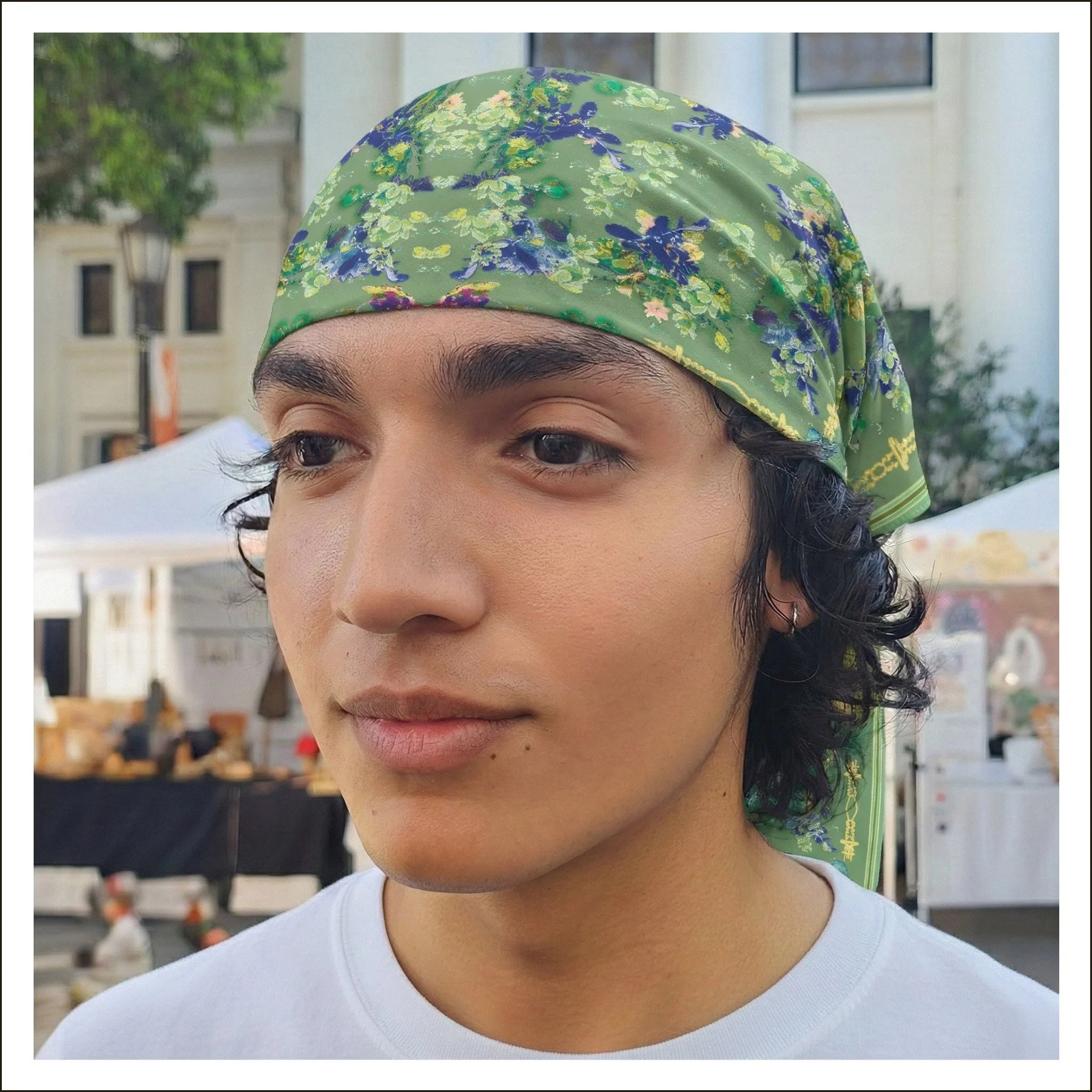 bandana, headscarf, silk cotton, sage green, purple, floral.