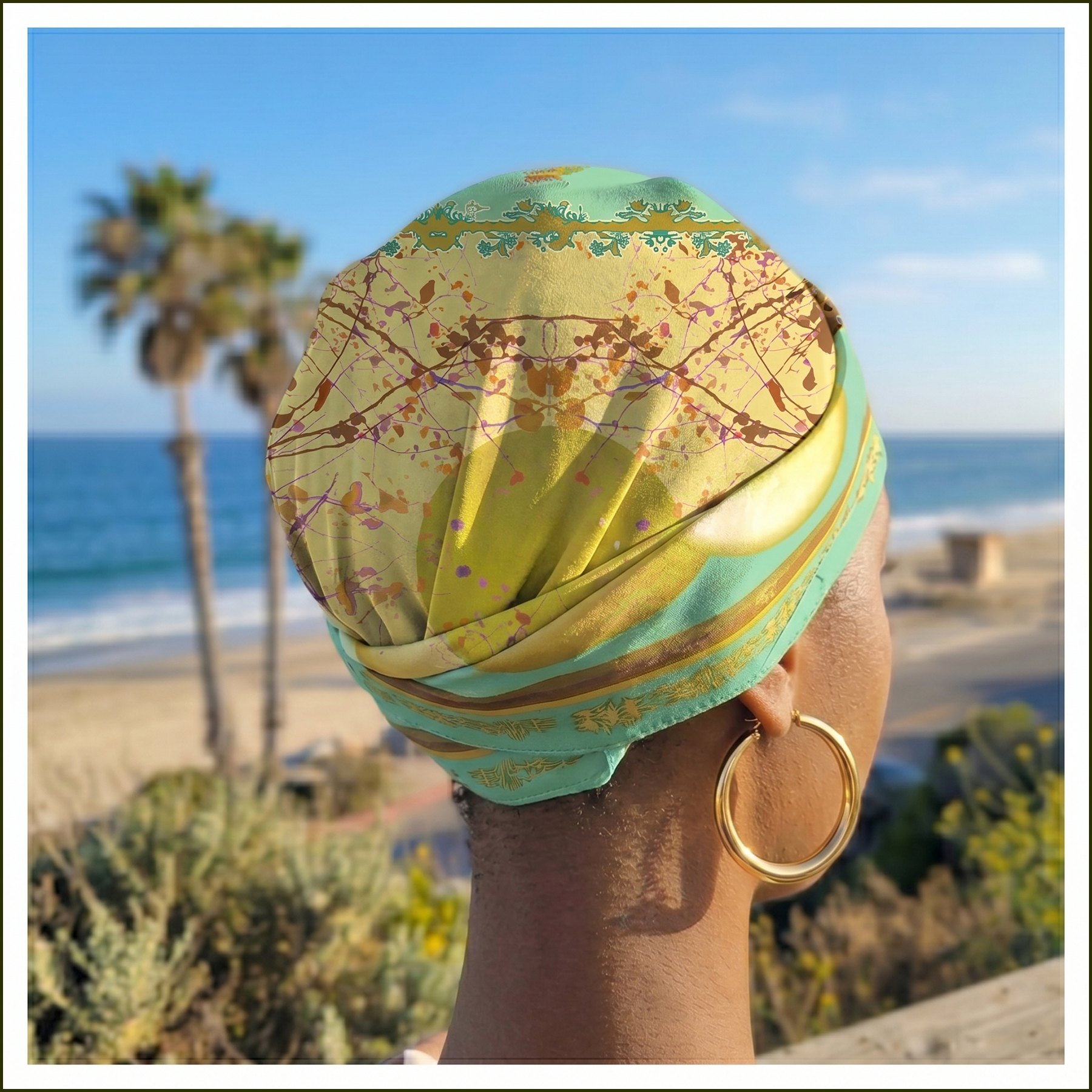 bandana, aqua green, gold, yellow, lightweight, silk cotton, floral.