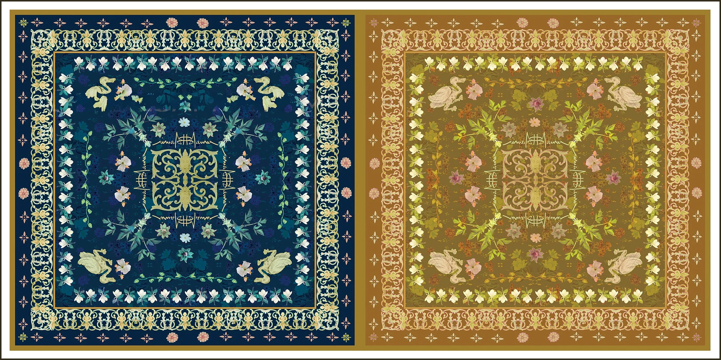 Two intricate, symmetrical textile patterns, side by side; the left with a navy blue background with floral and bird motifs in cream, light green, and pink; the right with a brown background featuring similar motifs in pastel colors.