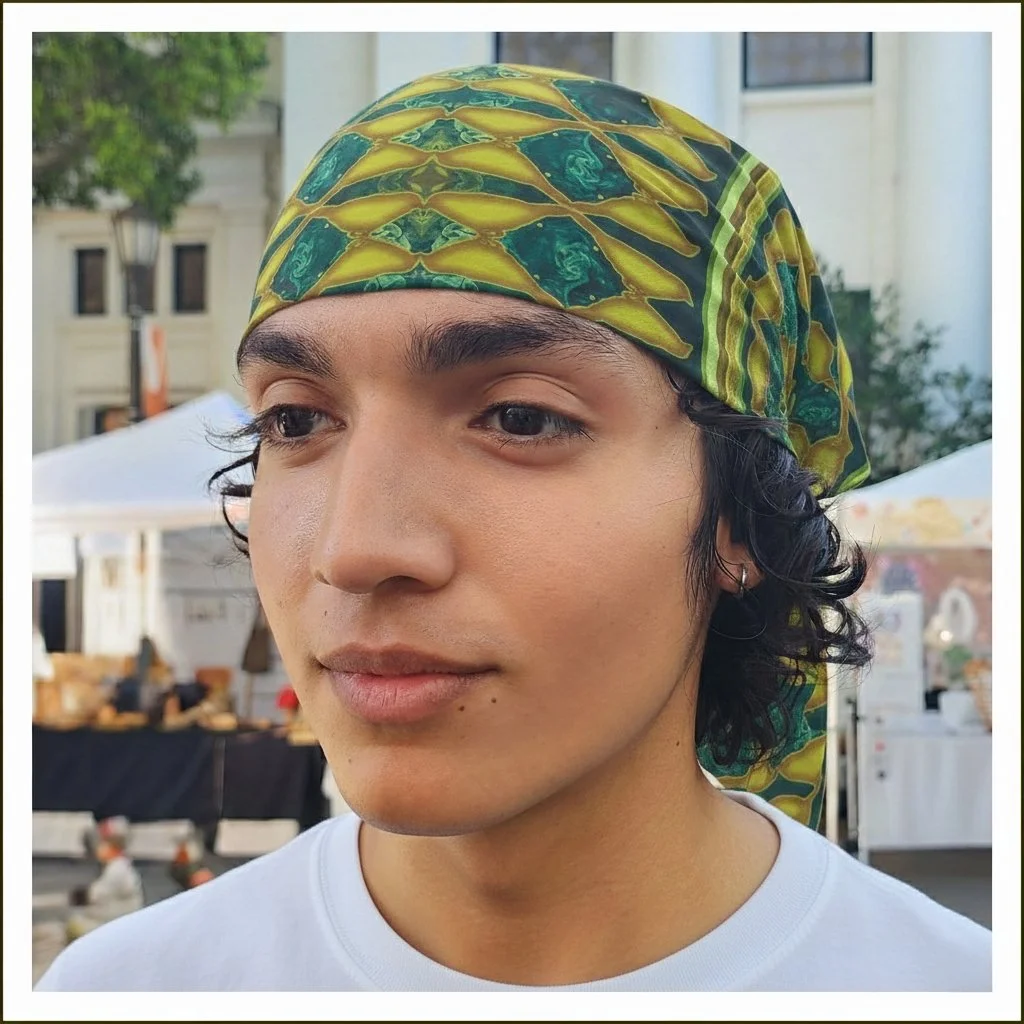 bandana, head scarf, mini scarf, graphic, green, yellow.