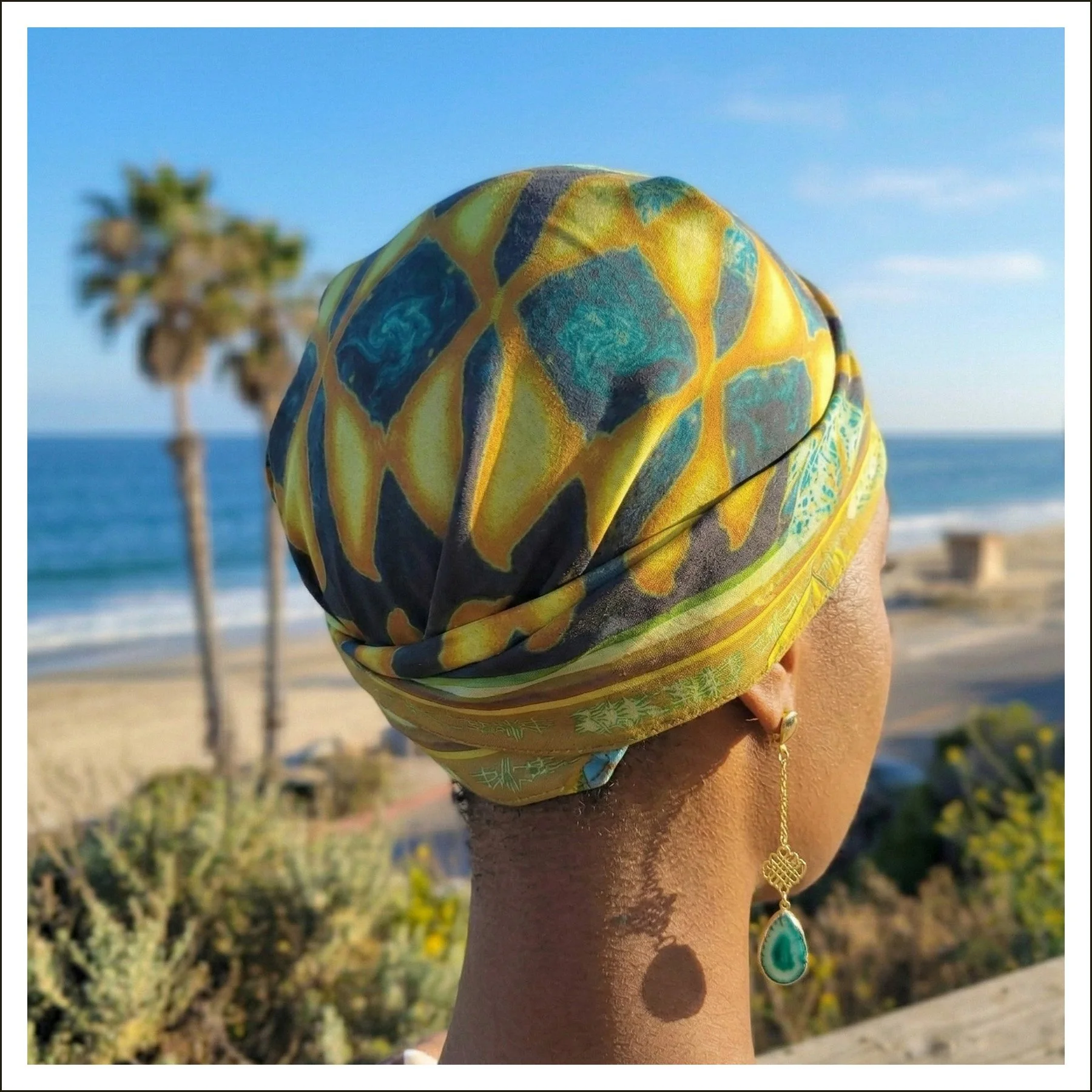 bandana, blue, gold, birds, graphic