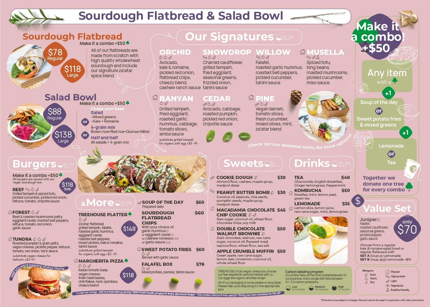 Menu offering sourdough flatbreads, salad bowls, burgers, soups, sweets, and drinks. Combo options available. Featured items include 'Orchid', 'Snowdrop', 'Willow', and 'Musella' signatures. Special dishes encompass sweet potato fries, soup of the day, and dessert options like cookie dough and brownies. Beverages include tea and kombucha. The menu highlights vegan and allergen-friendly choices, with a sustainability focus and a tree donation program for combos.