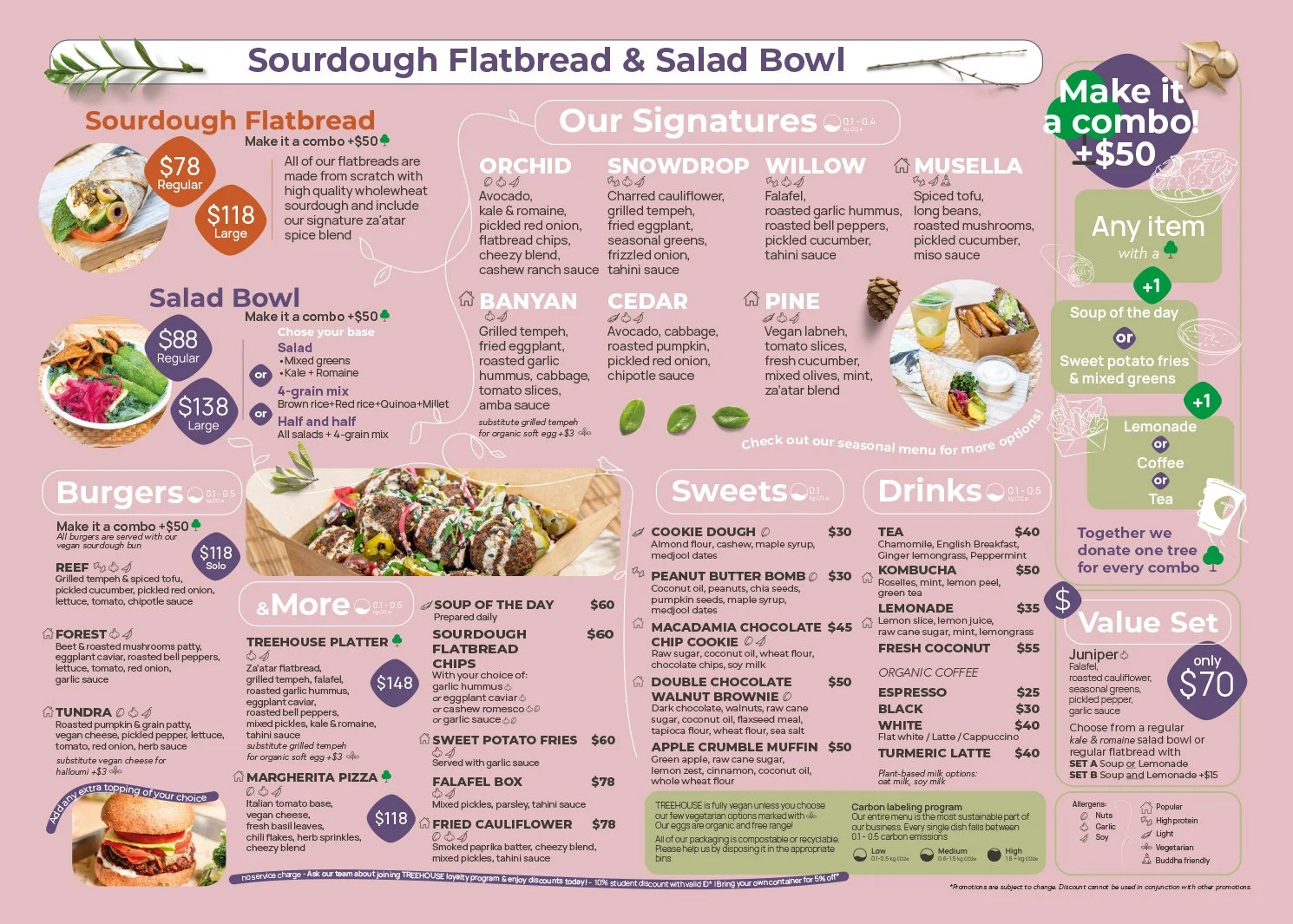 Menu featuring sourdough flatbread, salad bowls, burgers, and more. Includes combo options, various signature dishes, sweets, and drinks. Prices are listed for regular and large sizes. Offers include soup, sweet potato fries, lemonade, coffee, and tea. Donation initiative for every combo. Symbols indicate vegan and gluten-free options.