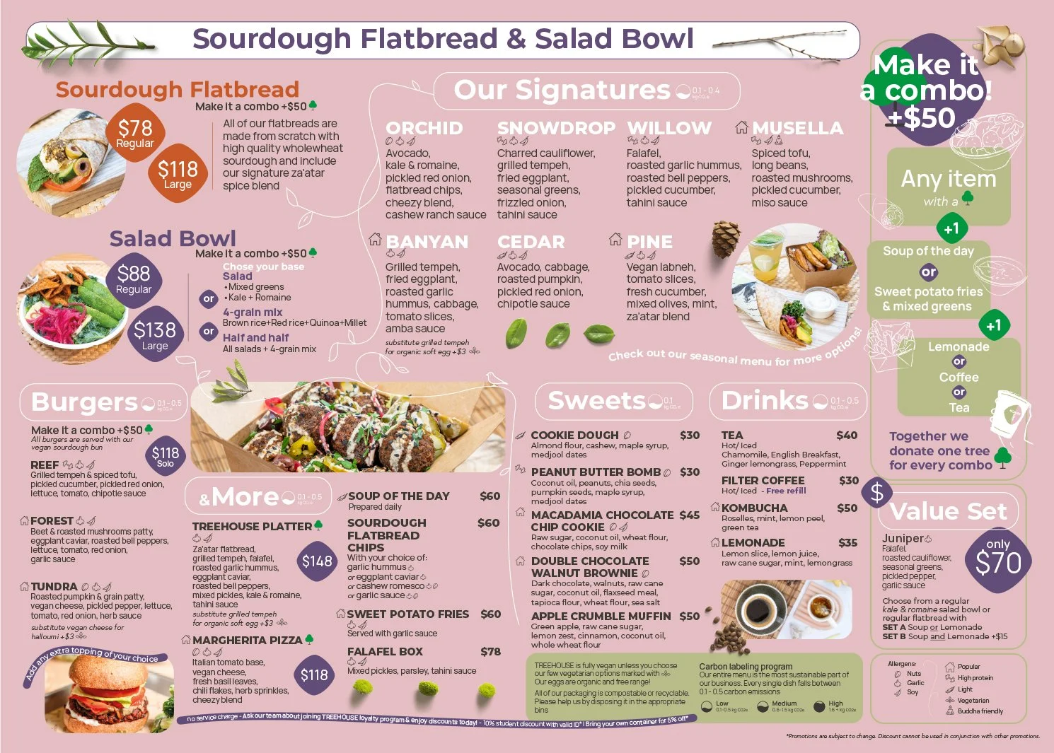 Menu featuring sourdough flatbreads, salad bowls, burgers, and sides. Includes items like salads with mixed grains, vegan and tempeh options, sweets like cookie dough and brownies, and drinks such as tea, kombucha, and coffee. Pricing and combo options are provided.