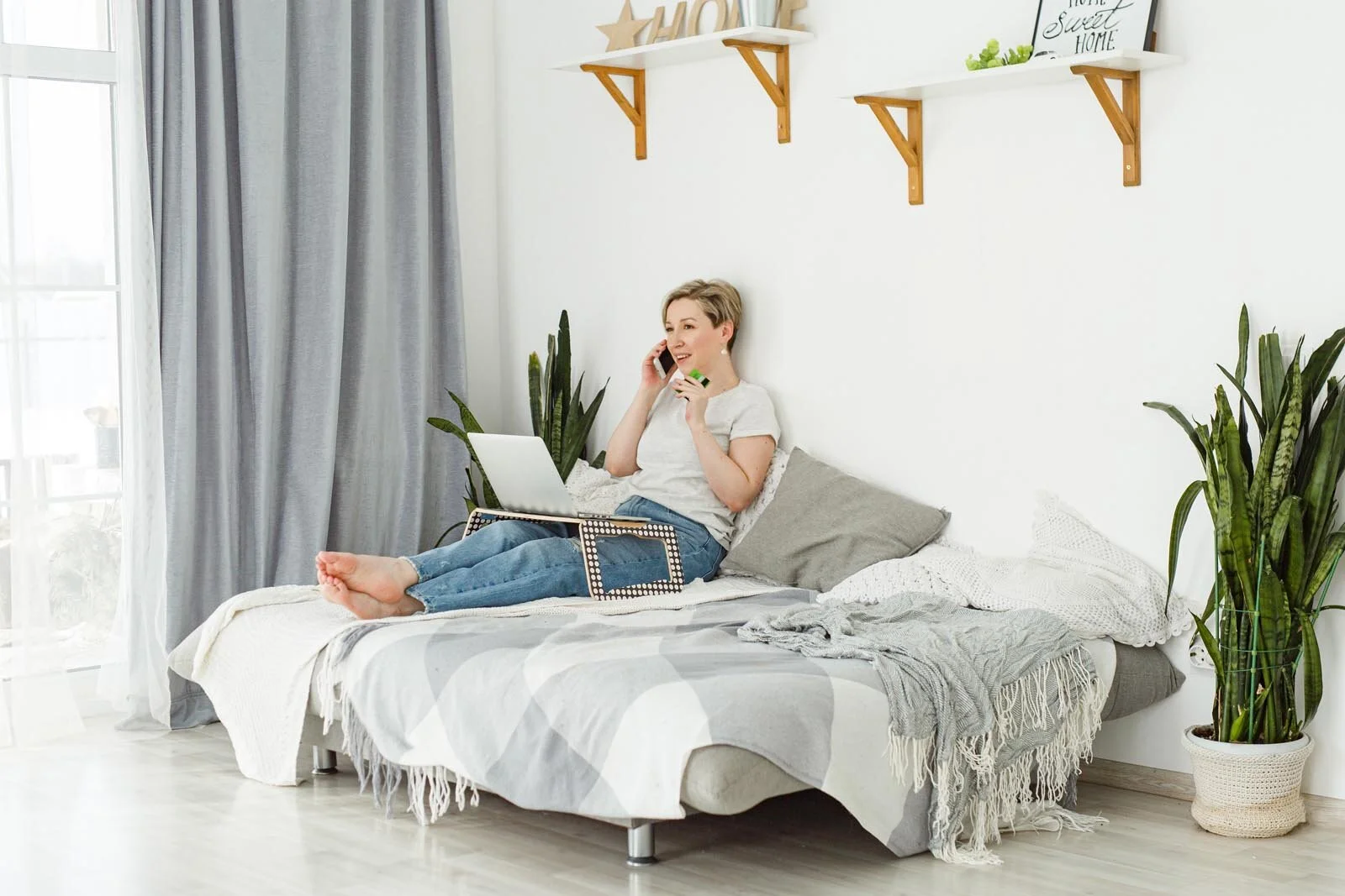 Woman doing online therapy at home