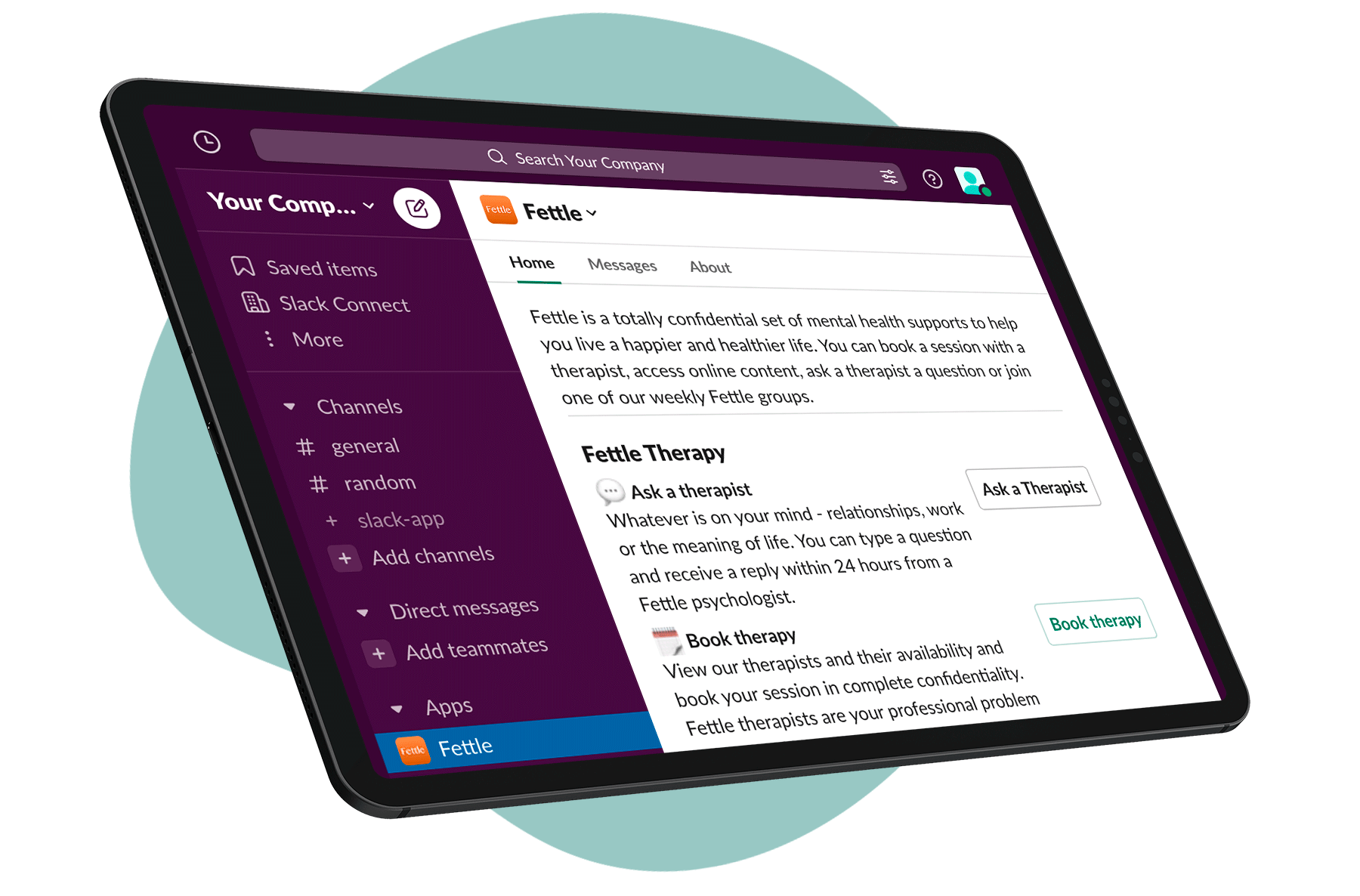 Tablet screen shows Fettle Employee Therapy app