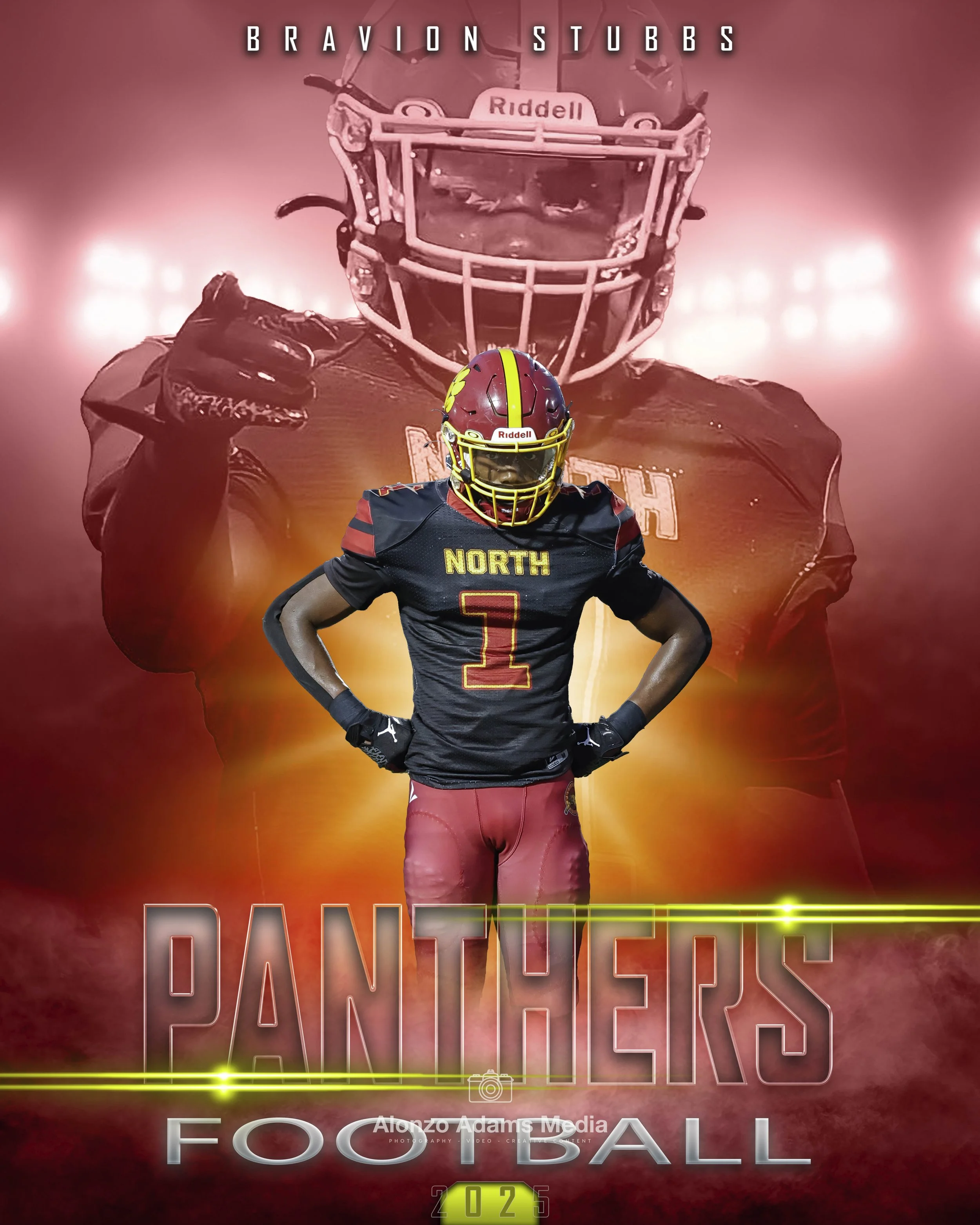 A football player in a black and red uniform with the number 1 and the word 'North' on the front, standing with hands on hips, with a large background image of another player in a football helmet and uniform, all in a red and orange color scheme, wit