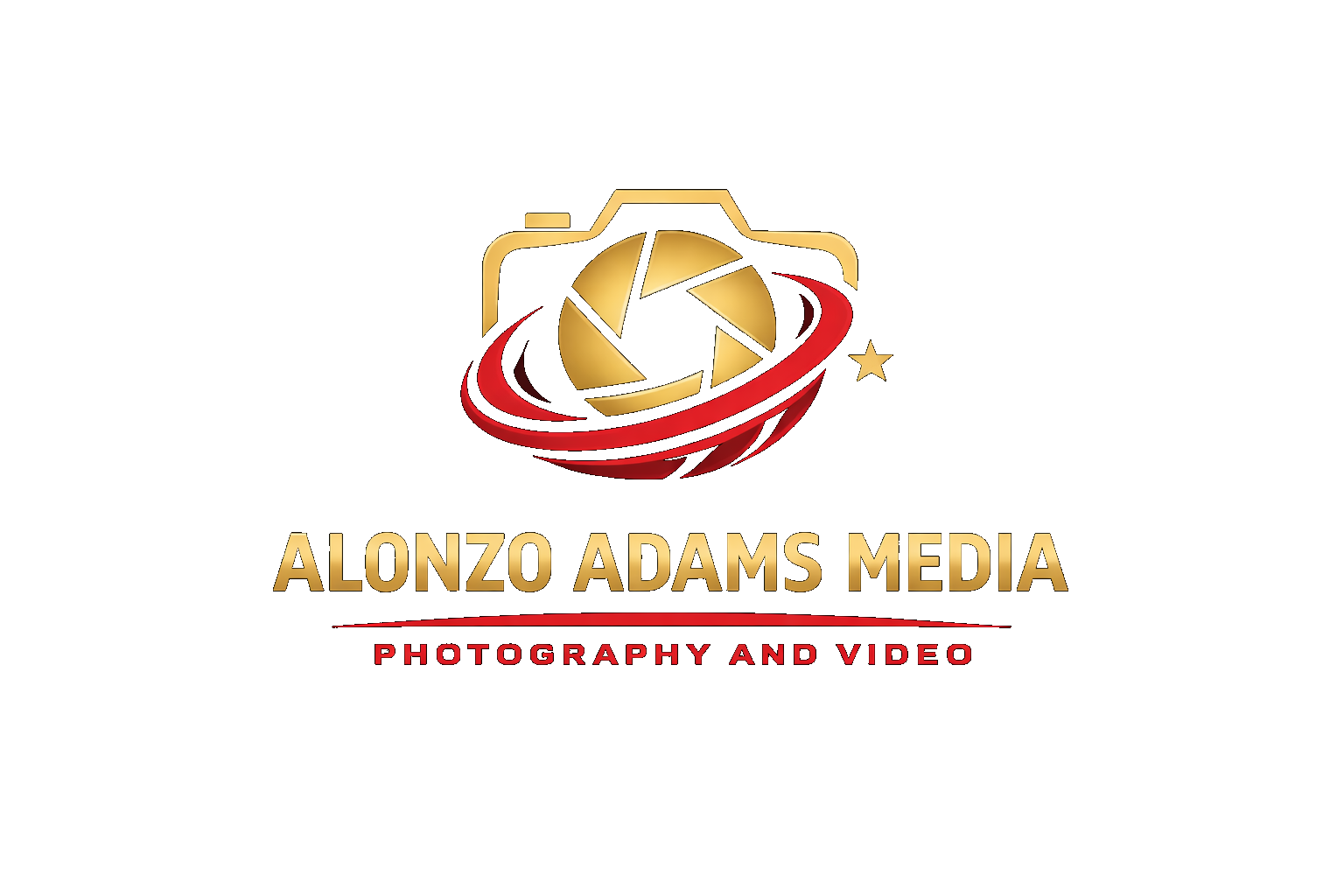Logo for Alonzo Adams Media featuring a camera icon with a gold camera outline and a lens designed to look like a gold camera shutter, surrounded by a red swoosh and star, with the text 'Alonzo Adams Media' in gold and 'Photography and Video' in red.