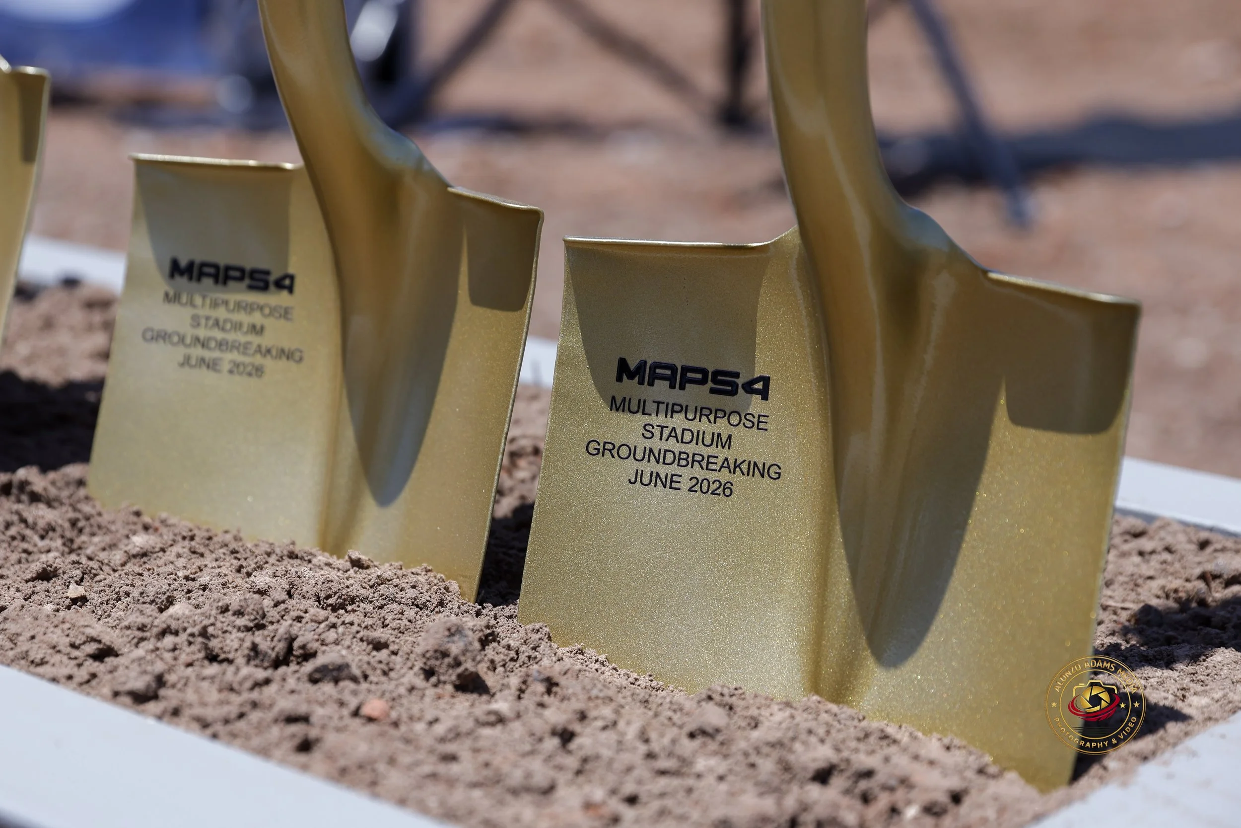 gold ceremonial shovels for MAPS 4 Multipurpose Stadium Groundbreaking June 2026