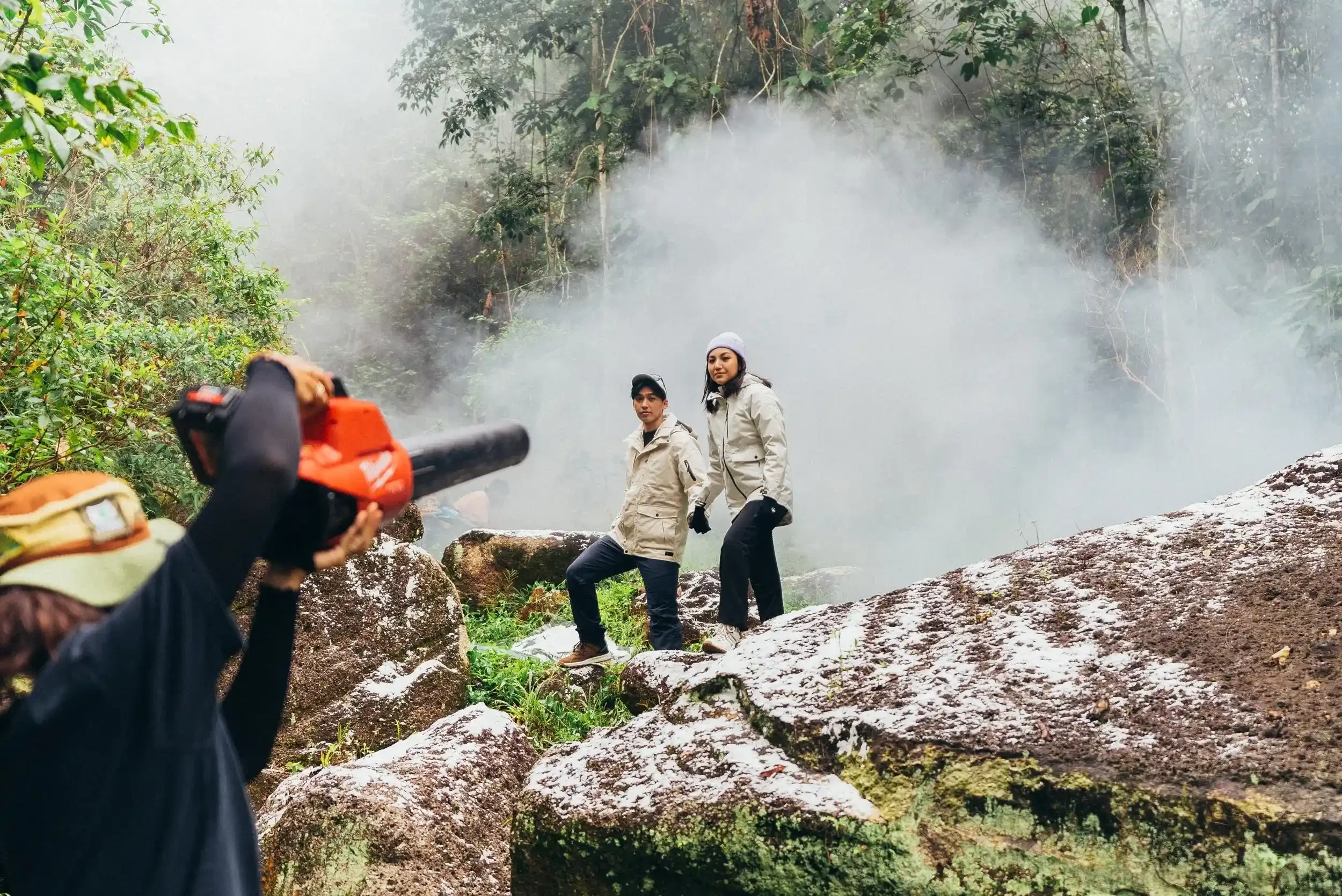 casts pose on decathlon filming set.webp