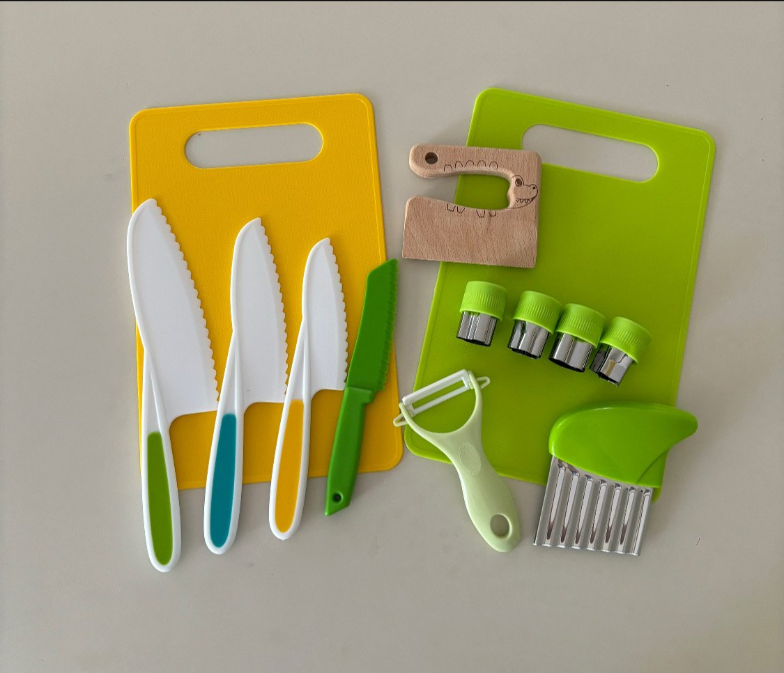 13 Pcs Montessori Kitchen Tools For Toddlers, Kids Cooking Sets Real Toddler Safe Knives Set Birthday Gift Toddler Crinkle Cutter Cutting Board