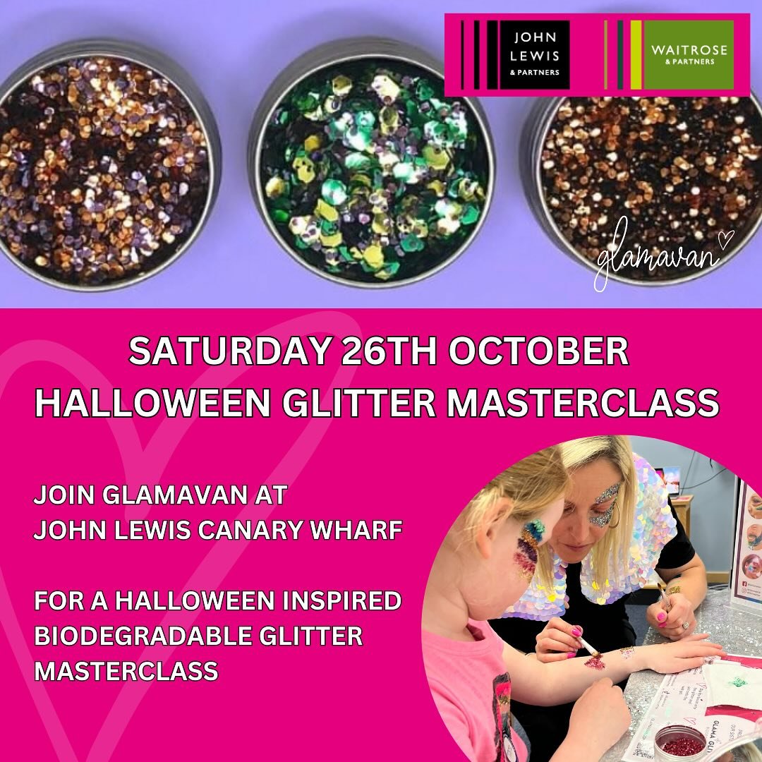 🎃✨HALLOWEEN MASTERCLASS✨🎃
We are very excited to be hosting a Halloween inspired glitter masterclass at the wonderful @johnlewis_canarywharf on Saturday 26th October!

🦇We are hosting two spook-tacular sessions at 11am &amp; 2pm! 🦇

Our 90 minute