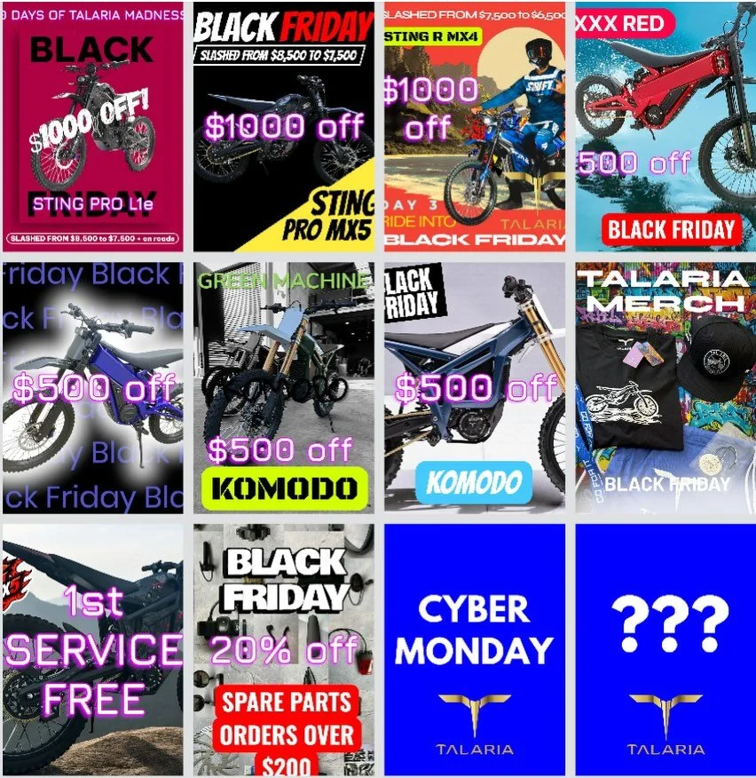 Cyber Monday &mdash; The FINAL Chance ⚡️

Missed Days 1 to 10 of Talaria Madness?
We&rsquo;ve got you.
For ONE DAY ONLY, we&rsquo;re running it all back.
Every deal. Every saving. Every drop.
TODAY ONLY. 👇

Day 1 &mdash; $1,000 off Sting PRO L1e
Day