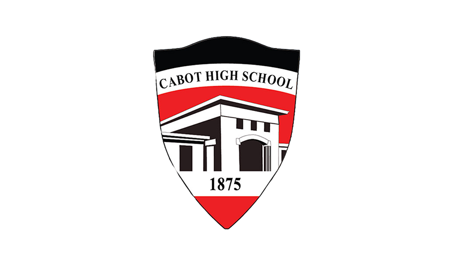 The emblem of Cabot High School, featuring a black, white, and red shield with an illustration of a building and the year 1875.
