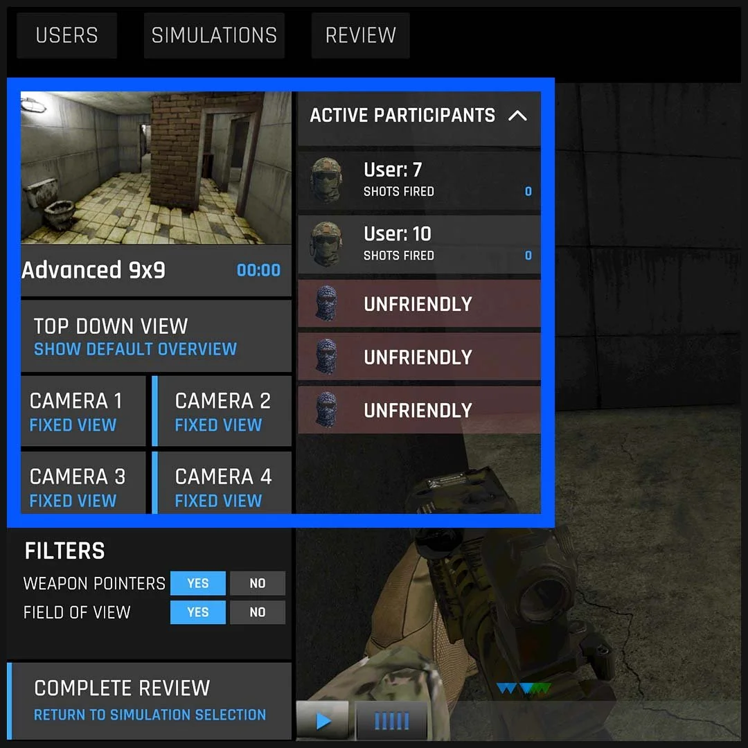 Simulation interface showing active participants, camera views, and filter options for weapon pointers and field of view. Display includes users listed as "Unfriendly" participants and "Advanced 9x9" simulation timer.