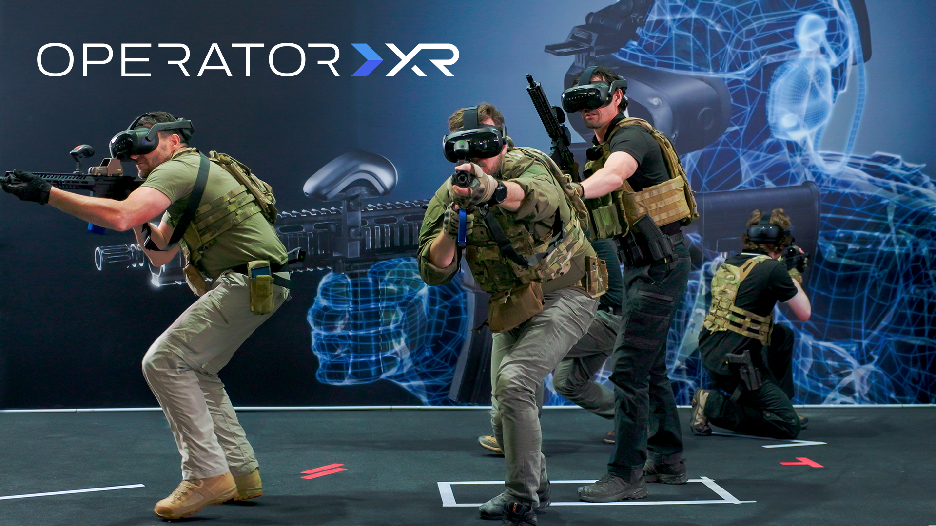 4 military personnel in Operator XR VR headsets running through a mission rehearsal scenario.