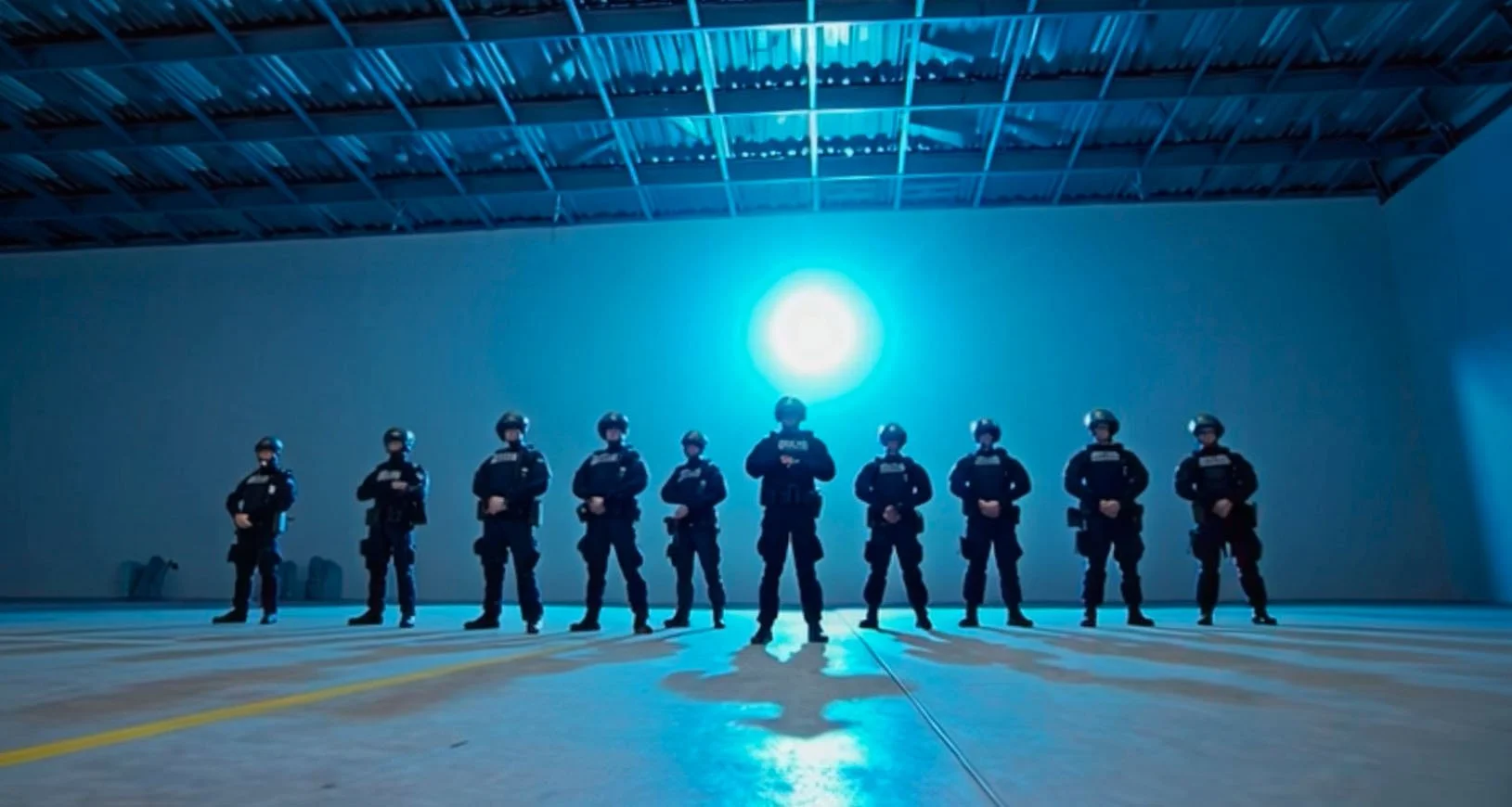Large warehouse with blue lighting and 10 law enforcement officers in black uniform in a line facing the camera.