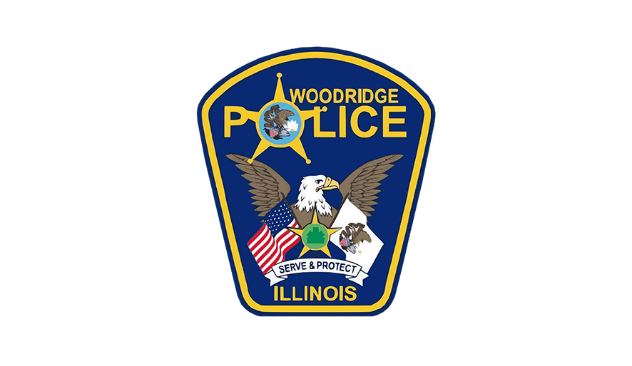 Woodridge Police badge featuring an eagle, American flag, Illinois flag, and the motto 'Serve & Protect'.