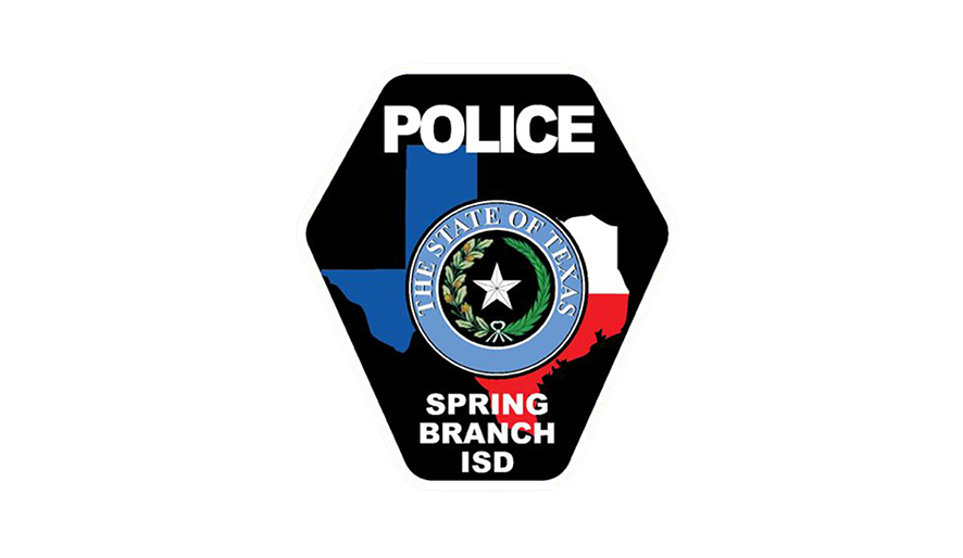 Police badge with the outline of Texas, the state flag, and the text 'Police Spring Branch ISD'.