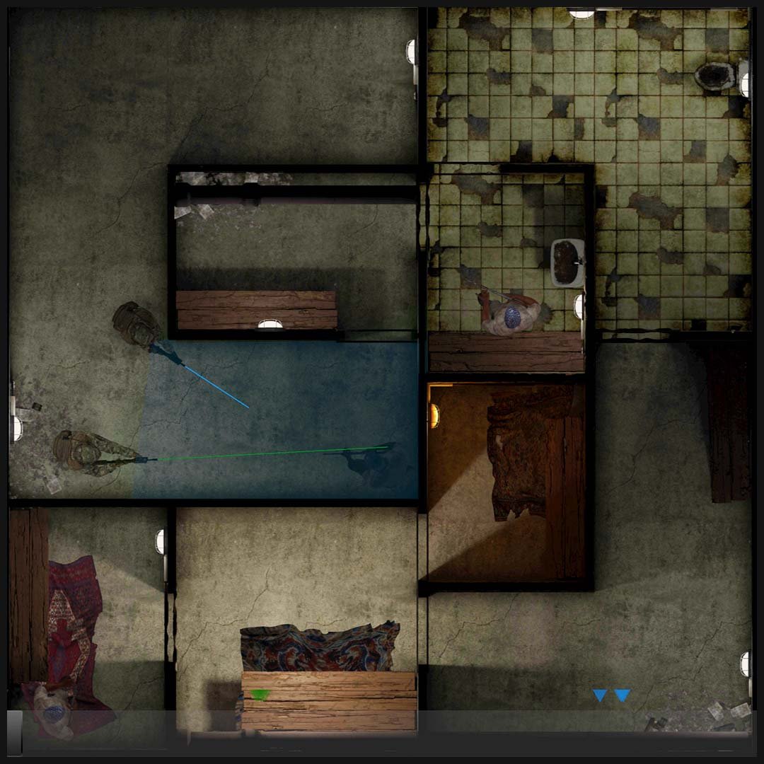 Top-down view of a tactical room layout with two figures holding laser-guided guns, several small rooms with furniture, and a tiled area.