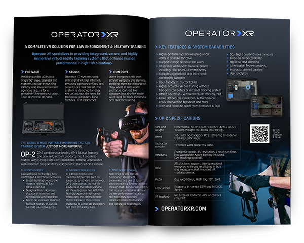Brochure for Operator XR, featuring law enforcement training and VR reality system details, with images of officers in combat gear and a highlighted product image of a VR helmet.