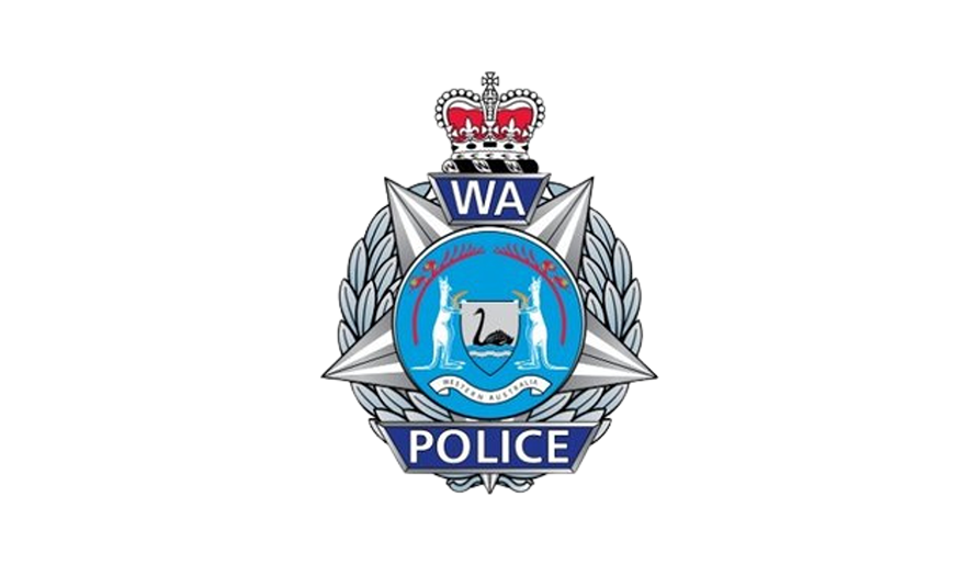 Badge of the Western Australia Police featuring a central emblem with a crown, kangaroos, swan, and text 'WA Police.'