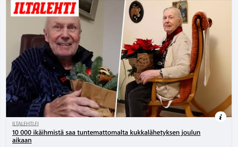 Iltalehti: 10 000 ikäihmistä saa tuntemattomalta kukkalähetyksen joulun aikaan. Kiitos kaikille hyväntekeväisyyskampanjaamme osallistujille!