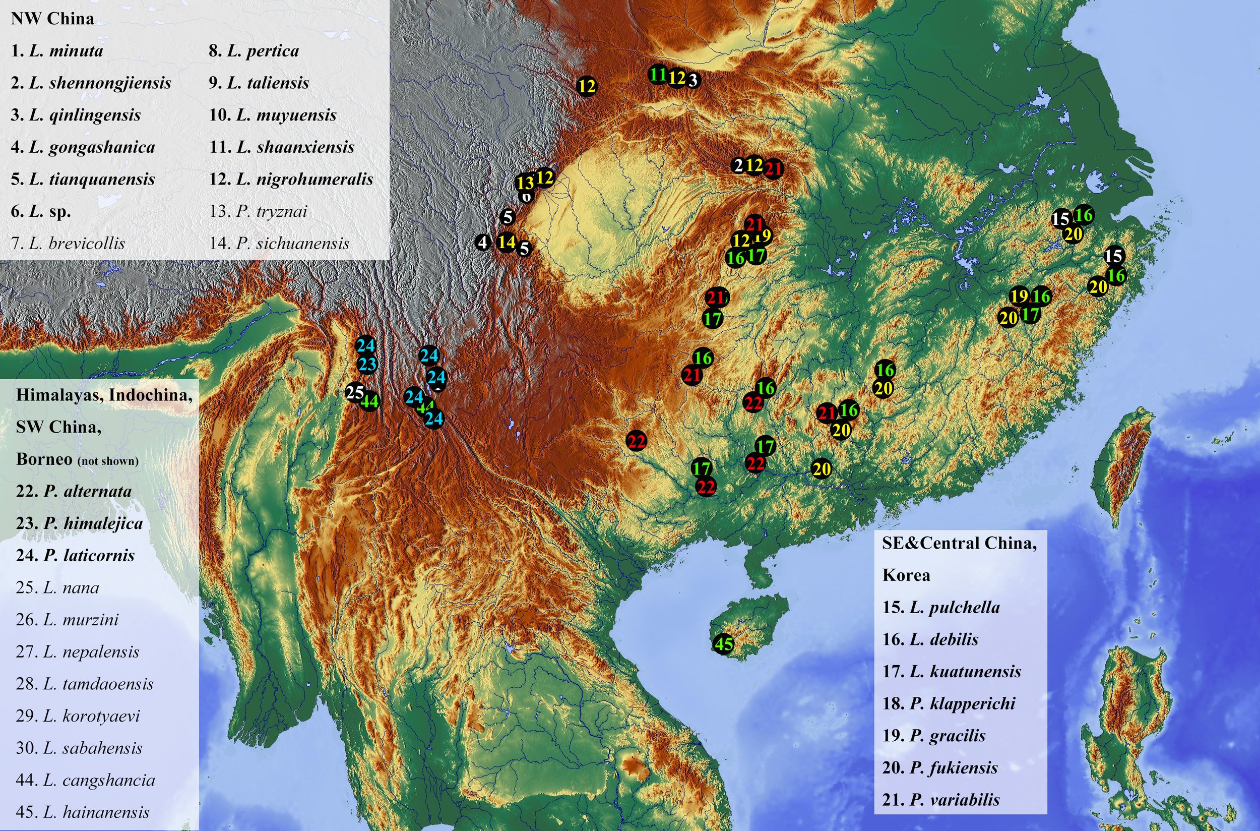 Map of China showing locations of various plant species, with color-coded regions indicating different climates and topography. Legend in the corners lists species names associated with numbered locations.