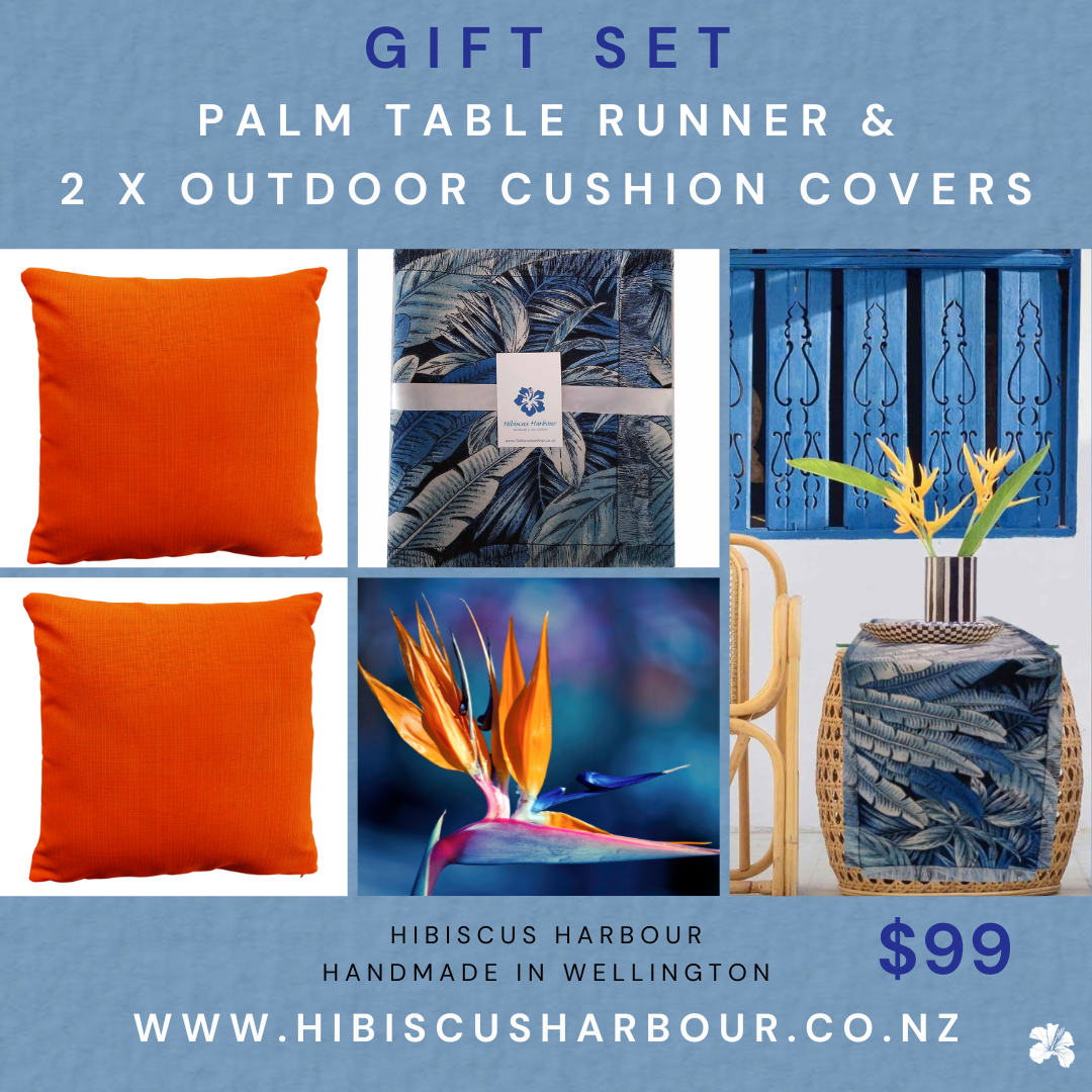 tropical foliage table runner, outdoor table runner — hibiscus harbour