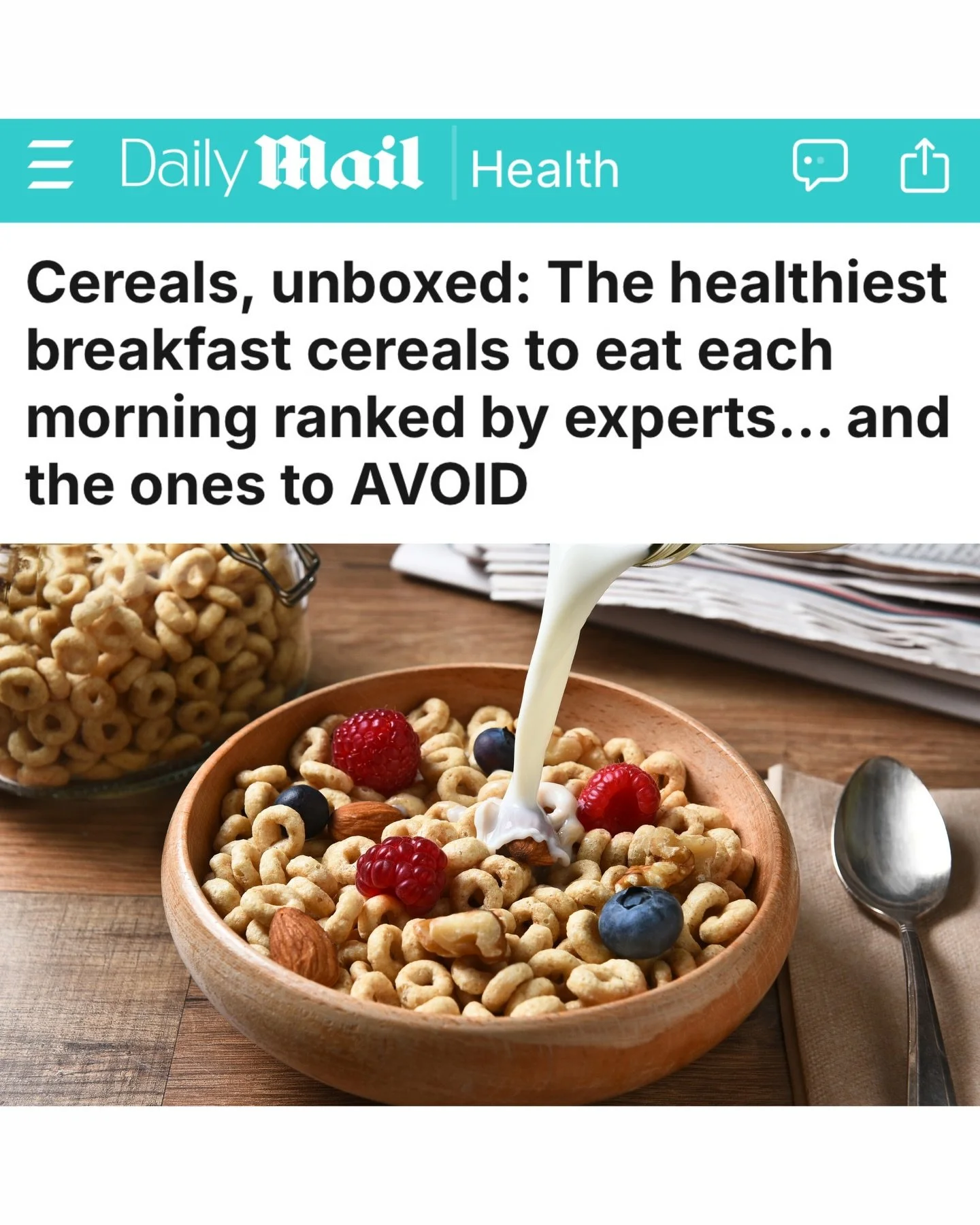 @Rhitrition spoke to @DailyMailUK all about breakfast cereals 🥣

Cereals often get a bad rap, but they&rsquo;re not all created equal. Many options on supermarket shelves contain  added sugars and surprisingly little fibre&hellip; meaning they won&r