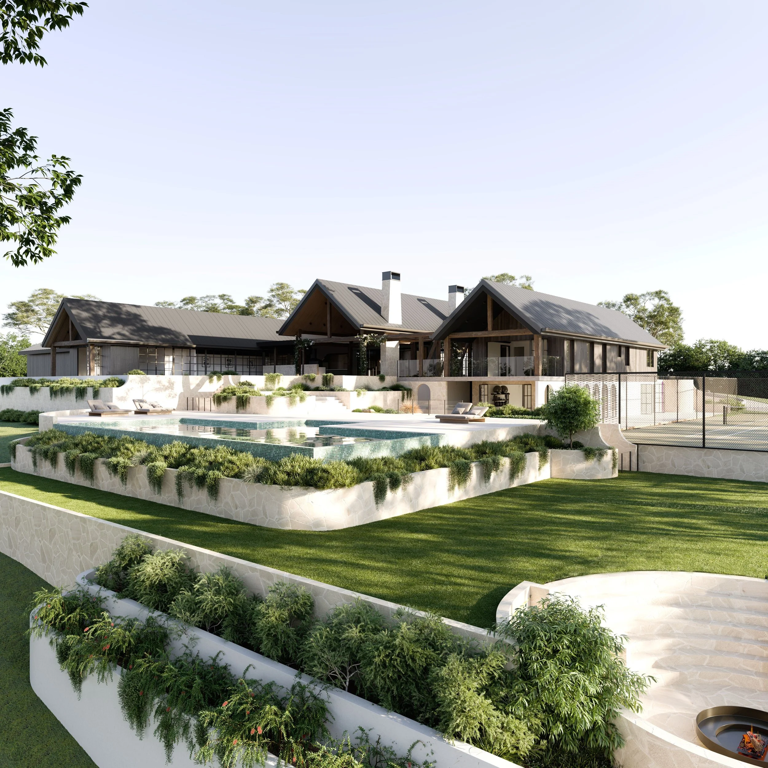 Terraced landscaping & firepit