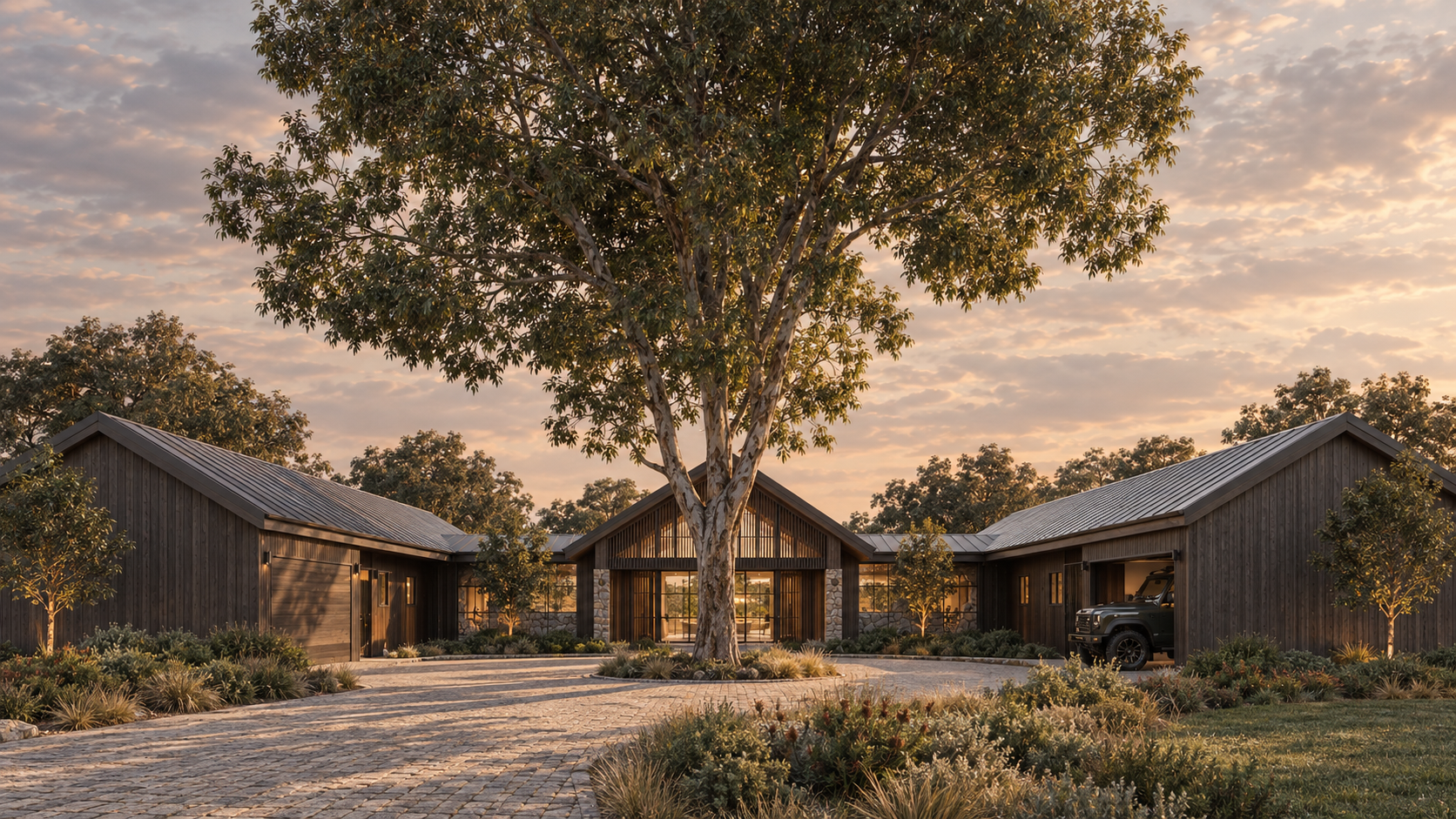 Modern ranch-style home with dark wood siding, metal roofs, landscaped courtyard, central eucalyptus tree, and parked SUV at sunset