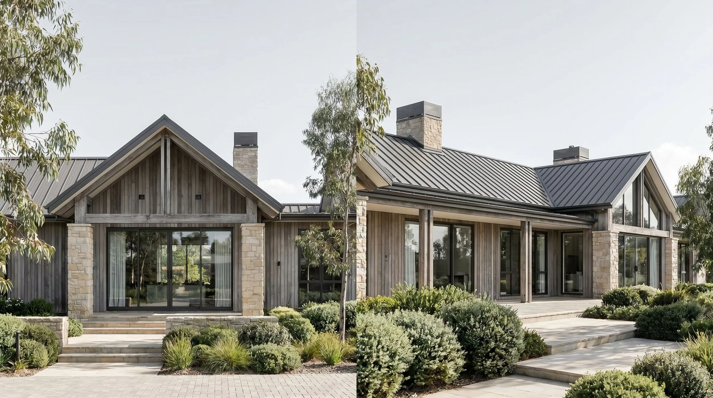 A modern house with a metal roof, large glass windows, and a stone chimney, surrounded by greenery and a paved patio.