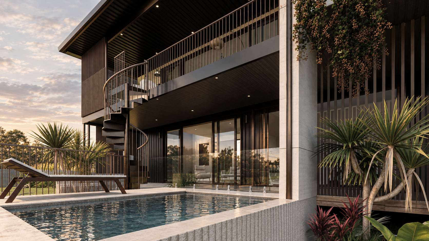Modern two-story house with glass walls, outdoor swimming pool, lounge chair, and lush tropical plants, set during sunset.