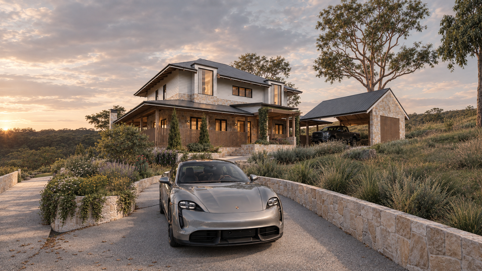 A modern two-story house with a stone and white exterior, surrounded by landscaped gardens and trees, at sunset. In front of the house, a gray sports car is parked on the driveway, and a black pickup truck is in a carport to the right.