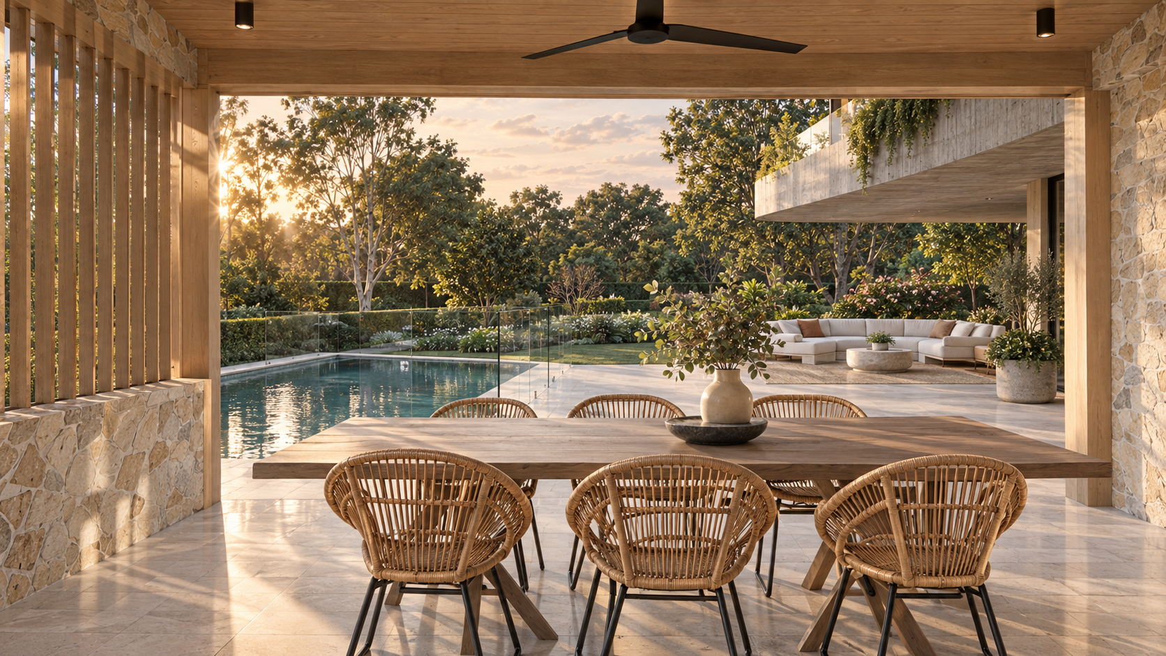 Outdoor patio area view with a wooden dining table, wicker chairs, a swimming pool, lounge seating, and lush trees in the background during sunset.