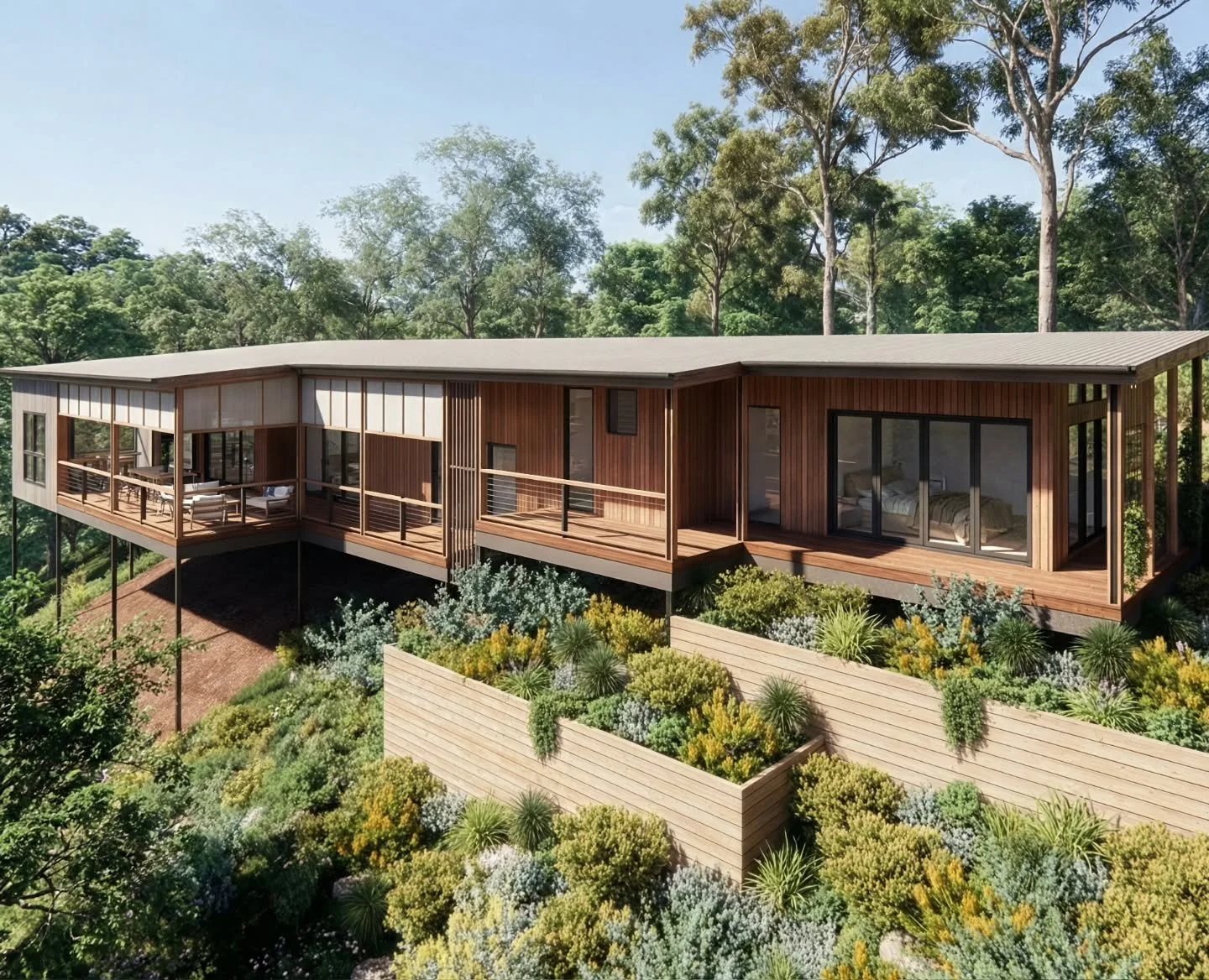 A sprawling contemporary house featuring warm wood cladding and expansive floor to ceiling windows, cantilevered over a steep bush fire prone site in NSW
@baahousebaastudioarchitecture .
@deboke.engineering
@greenefficientliving 
@blackwaterplanning
