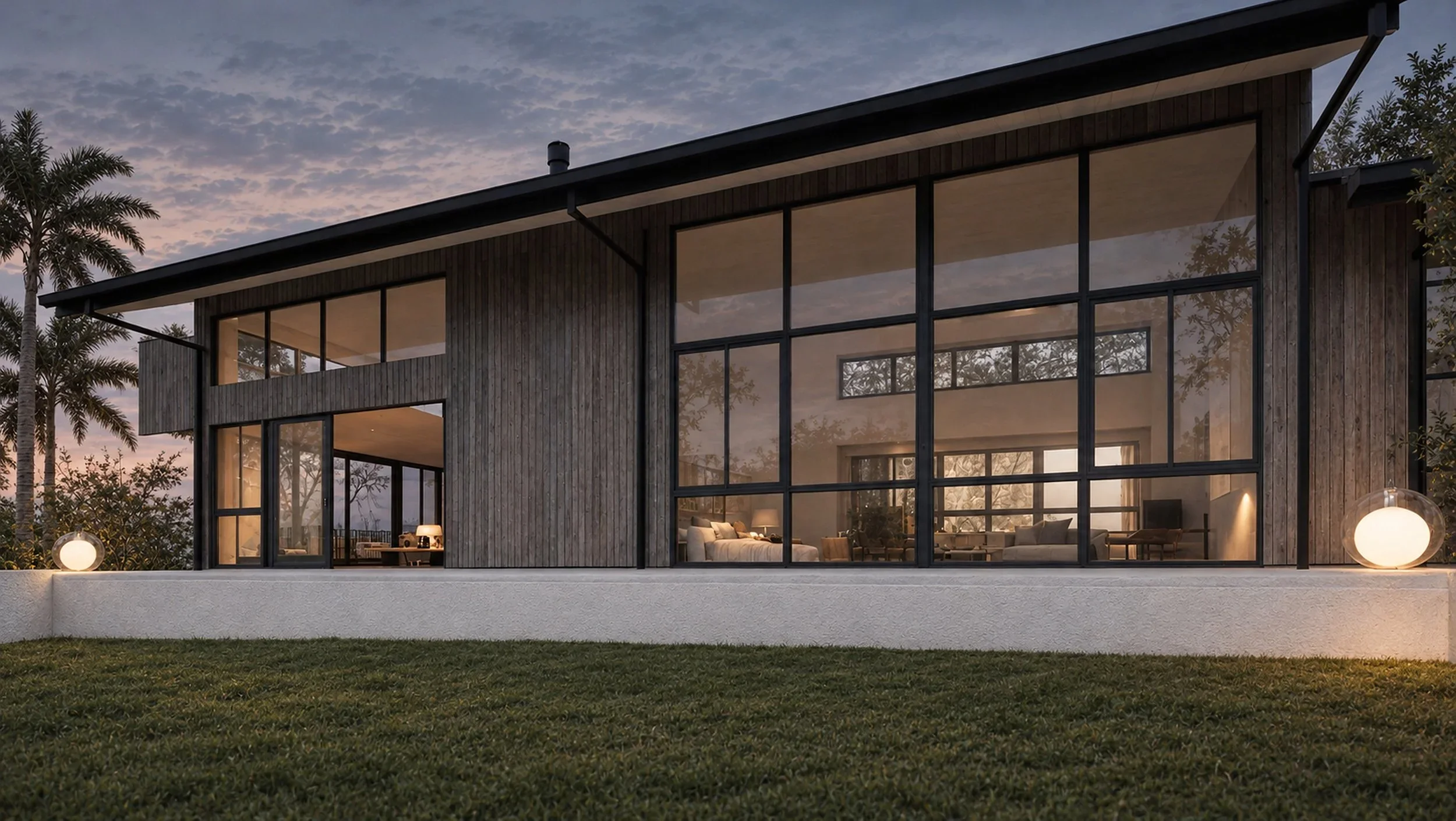 2025 -Reesville Modern farmhouse with timber cladding, natural stone and pavers, large windows and natural interiors
