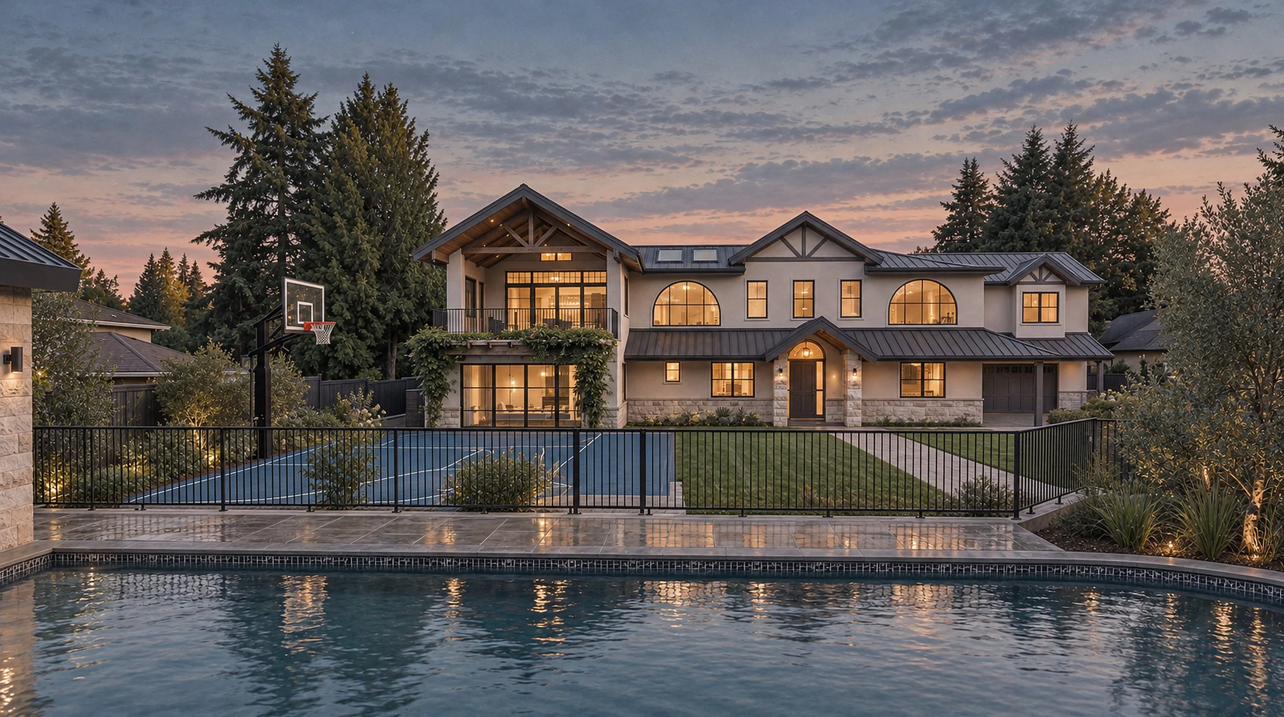 Luxury modern home with a pool, basketball hoop, landscaped yard, and evergreen trees at sunset